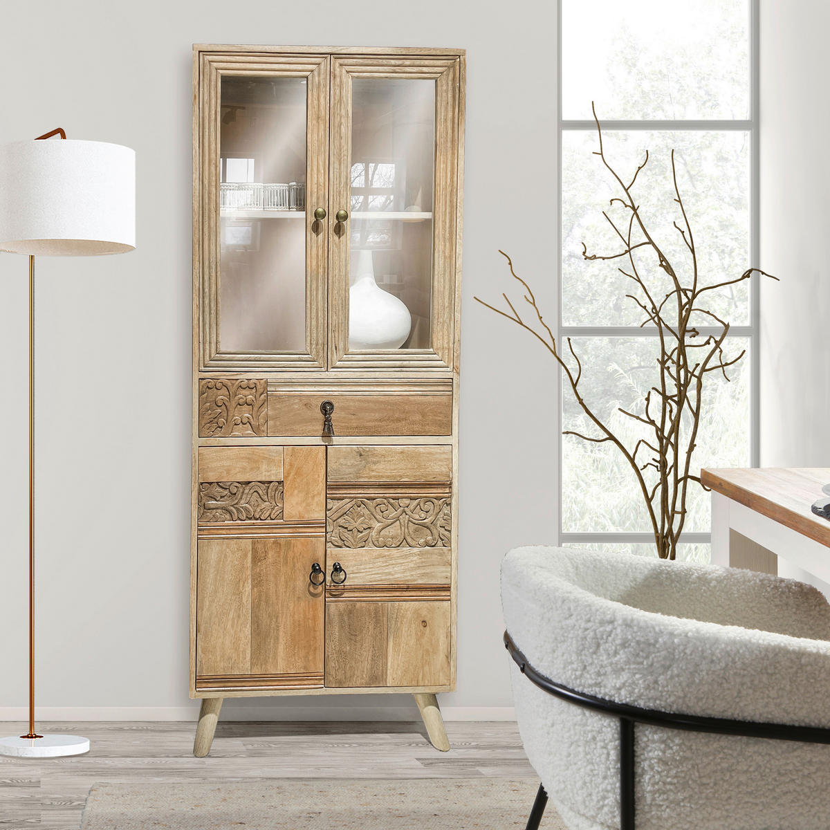 VITRINE in massiv Mangoholz Braun  - Klar/Messingfarben, Design, Glas/Holz (70/180/42cm) - Landscape