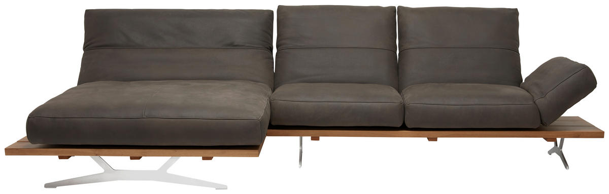 ECKSOFA Echtleder Braun, Eichefarben  - Edelstahlfarben/Eichefarben, Natur, Leder/Holzwerkstoff (157/320cm) - Ambiente