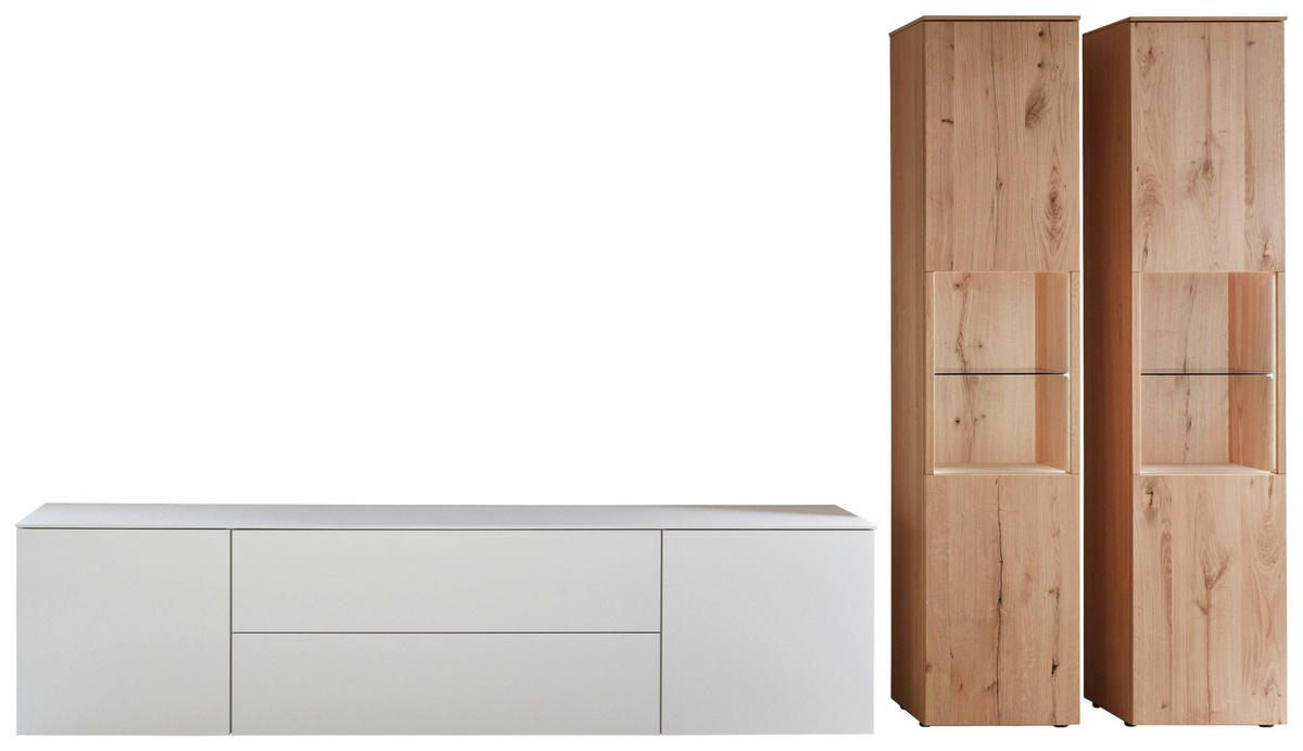WOHNWAND  in Weiß, Eichefarben  350/204,6/48,5 cm  - Eichefarben/Weiß, Design, Glas/Holz (350/204,6/48,5cm) - Celina Home