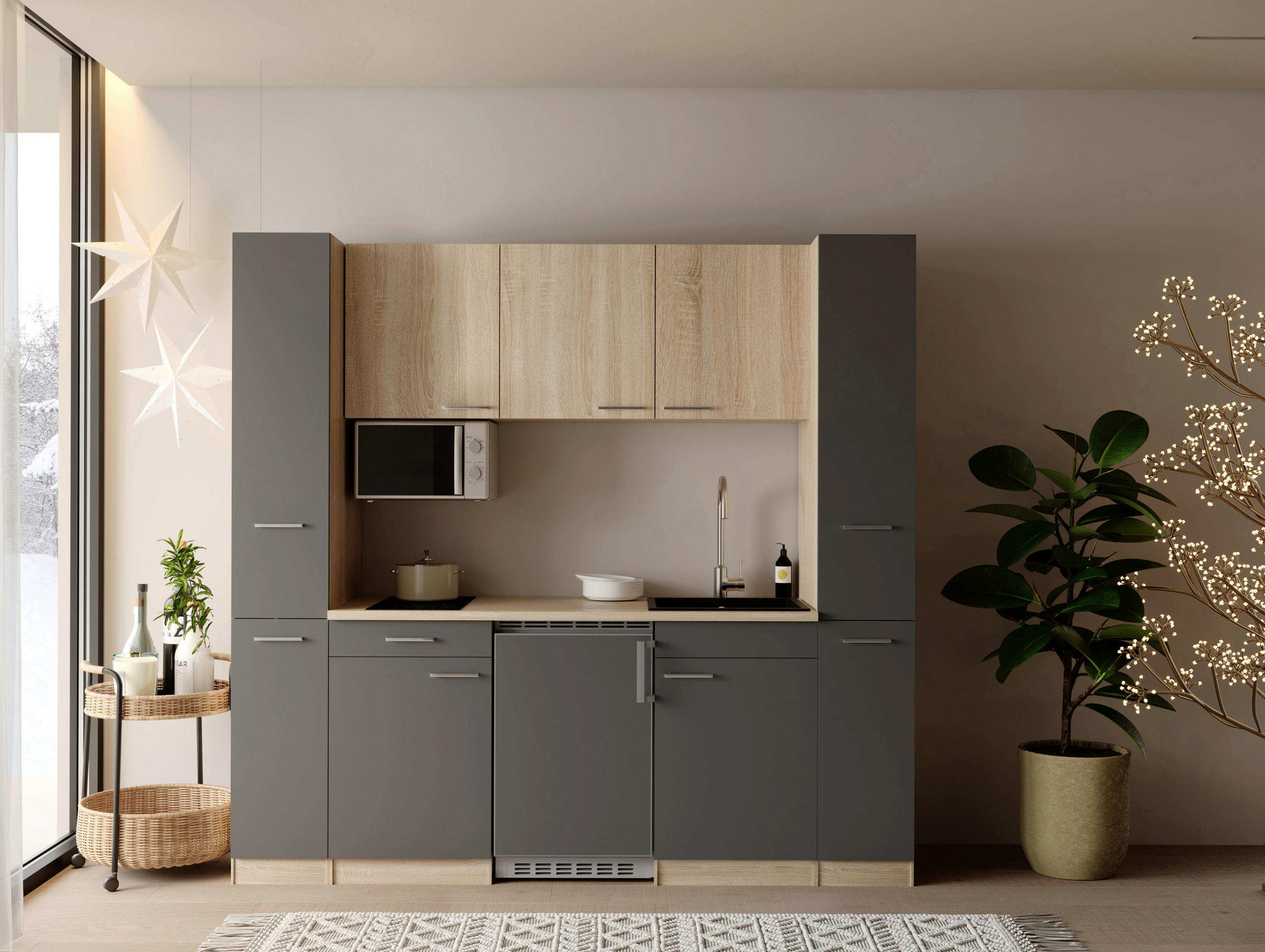 KÜCHENBLOCK Ingrid 210 cm  in Grau  - Eichefarben/Alufarben, Design, Holzwerkstoff/Kunststoff (210cm) - Respekta