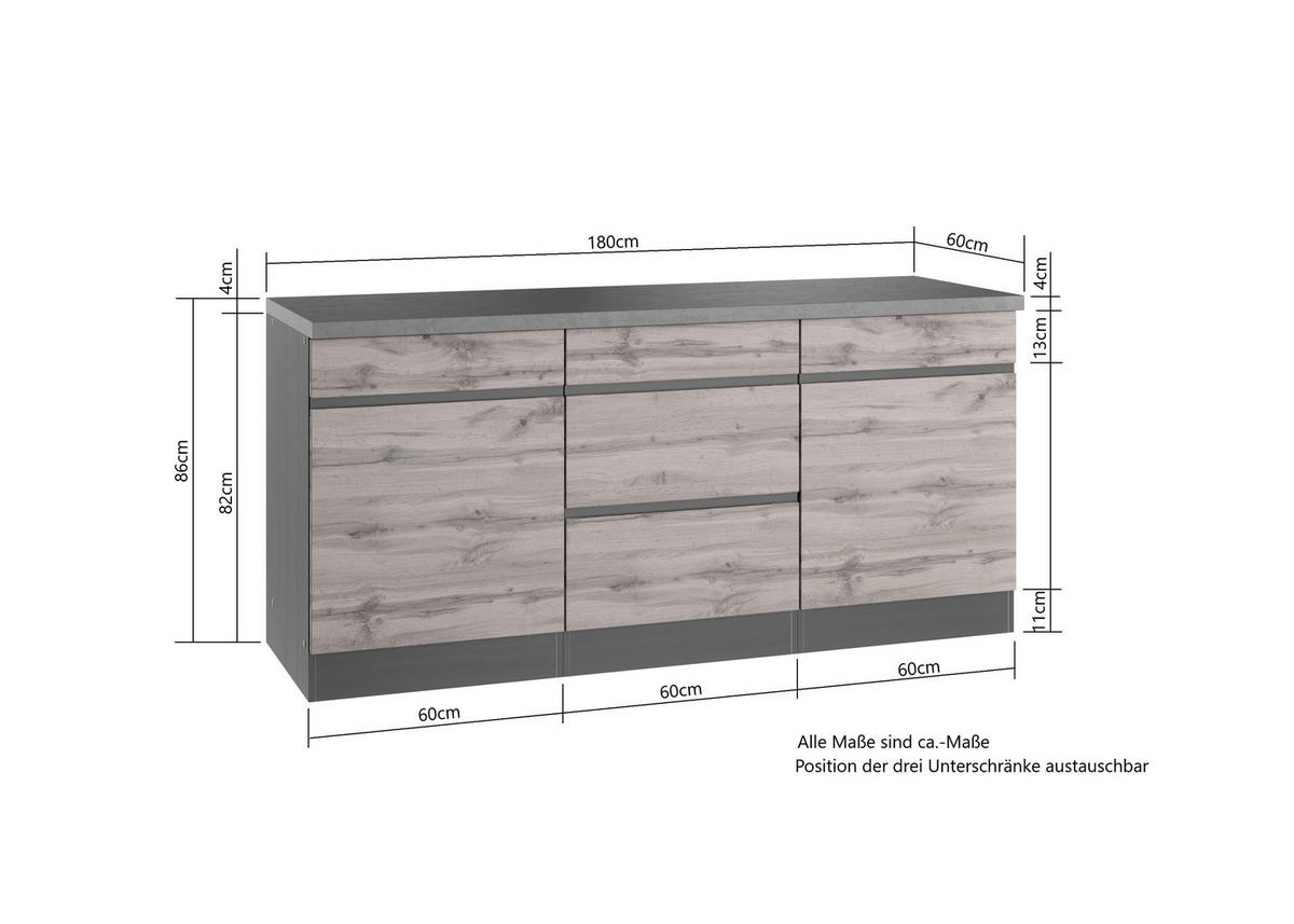 KÜCHENUNTERSCHRANK 180/86/60 cm  in Graphitfarben, Eiche Wotan  - Eiche Wotan/Graphitfarben, Design, Holzwerkstoff (180/86/60cm) - Held