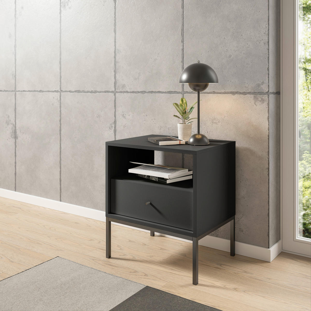 NACHTSCHRANK 54/56/39 cm  - Schwarz/Graphitfarben, MODERN, Holzwerkstoff/Metall (54/56/39cm) - MID.YOU