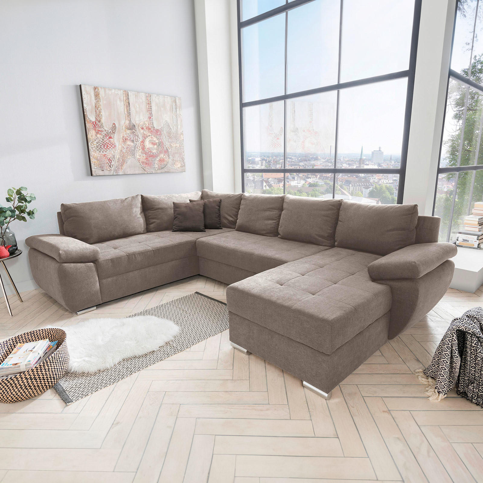 WOHNLANDSCHAFT Taupe Mikrofaser  - Taupe/Chromfarben, KONVENTIONELL, Textil/Metall (219/305/157cm) - Livetastic