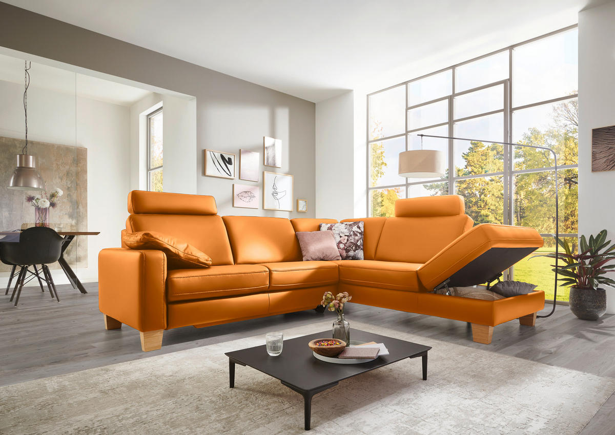 ECKSOFA in Echtleder Currygelb  - Currygelb/Eiche Bianco, Konventionell, Leder/Holz (257/235cm) - Valdera