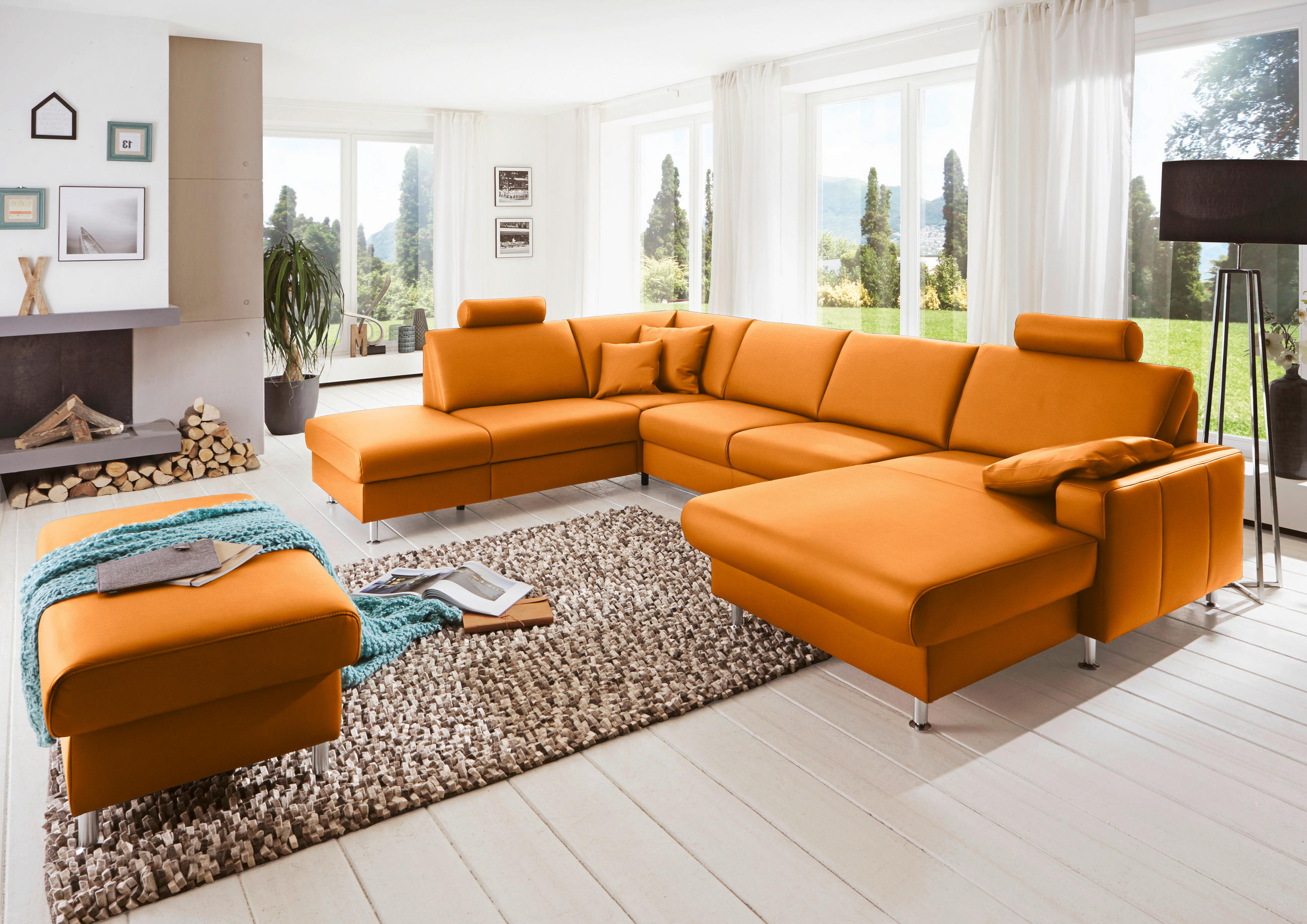 WOHNLANDSCHAFT in Echtleder Orange  - Alufarben/Orange, Design, Leder/Metall (233/339/165cm) - Beldomo Premium
