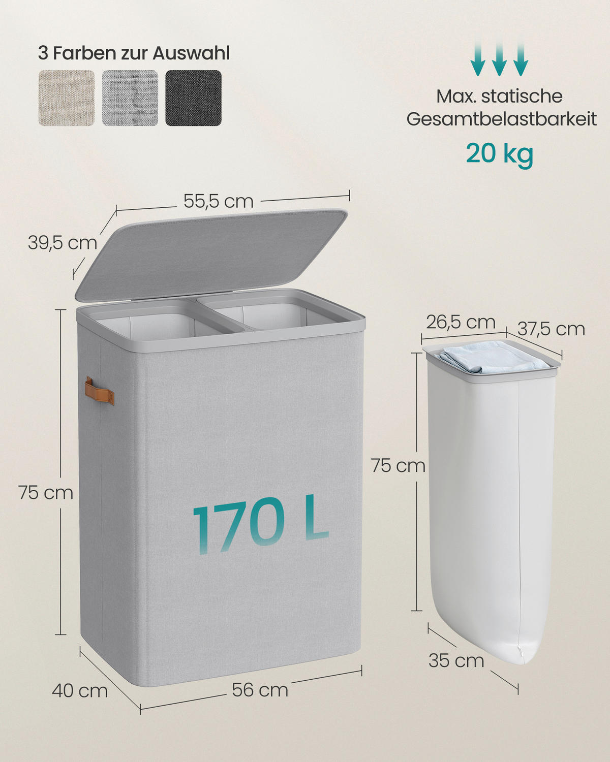 WÄSCHEKORB - Grau, Trend, Kunststoff/Textil (56/75/40cm) - Boxxx