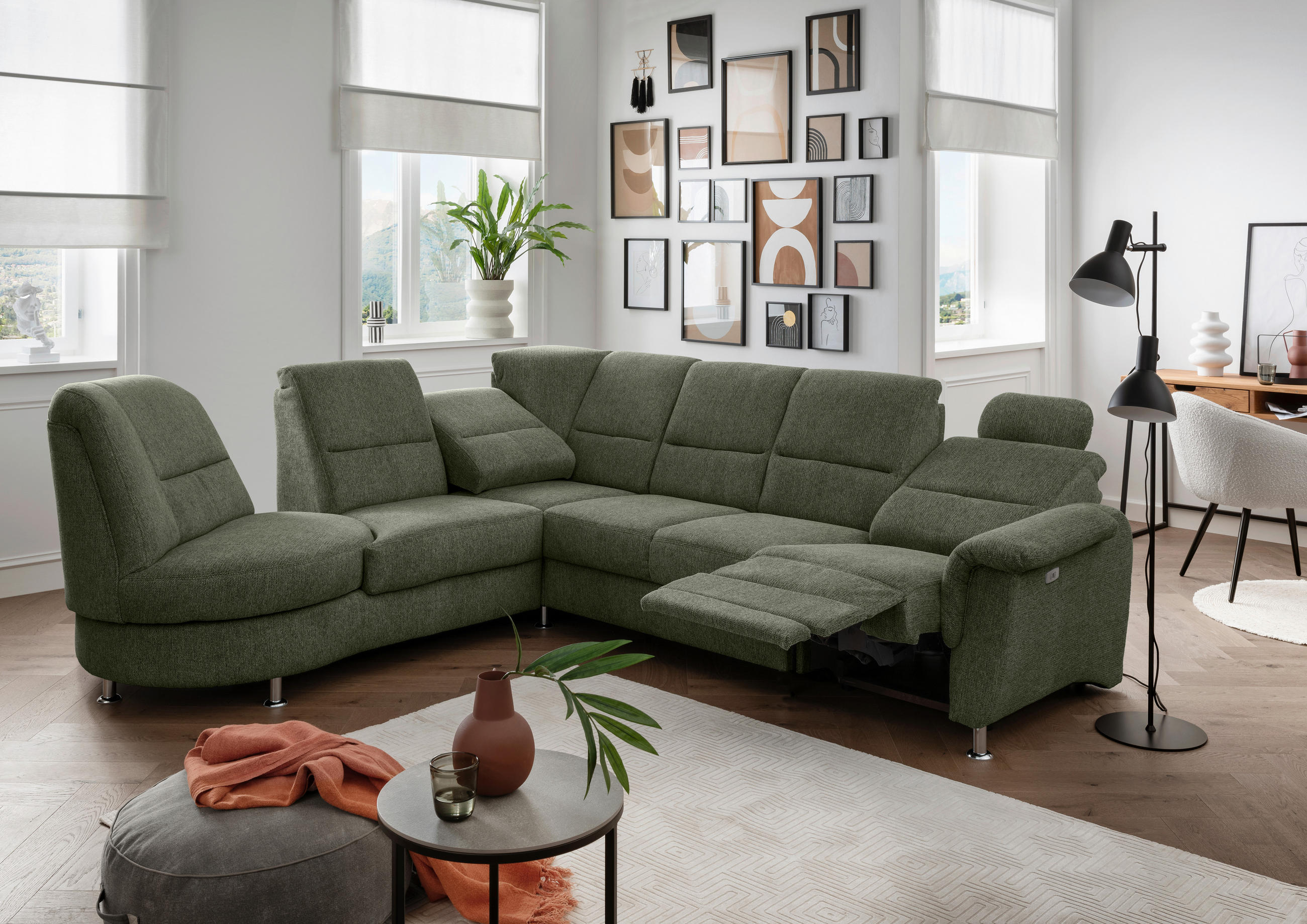 ECKSOFA in Chenille Dunkelgrün  - Chromfarben/Dunkelgrün, Modern, Textil/Metall (236/275cm) - Livetastic