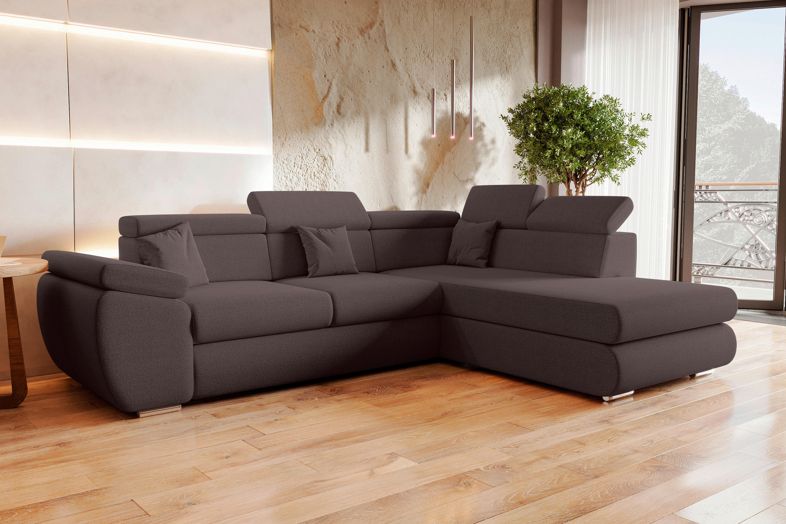 ECKSOFA Graubraun Struktur  - Chromfarben/Graubraun, KONVENTIONELL, Kunststoff/Textil (282/205cm) - Carryhome