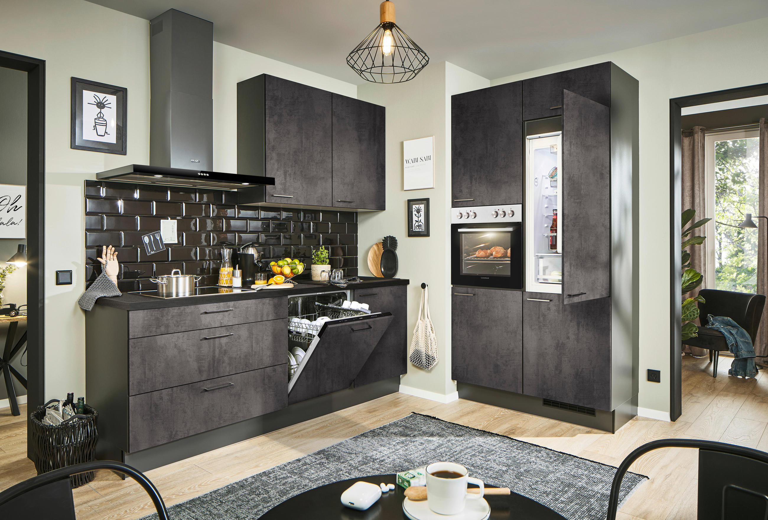 ECKKÜCHE 220/120 cm  in Graphitfarben, Schwarz, Dunkelgrau  - Dunkelgrau/Schwarz, Design, Holzwerkstoff/Metall (220/120cm) - Xora