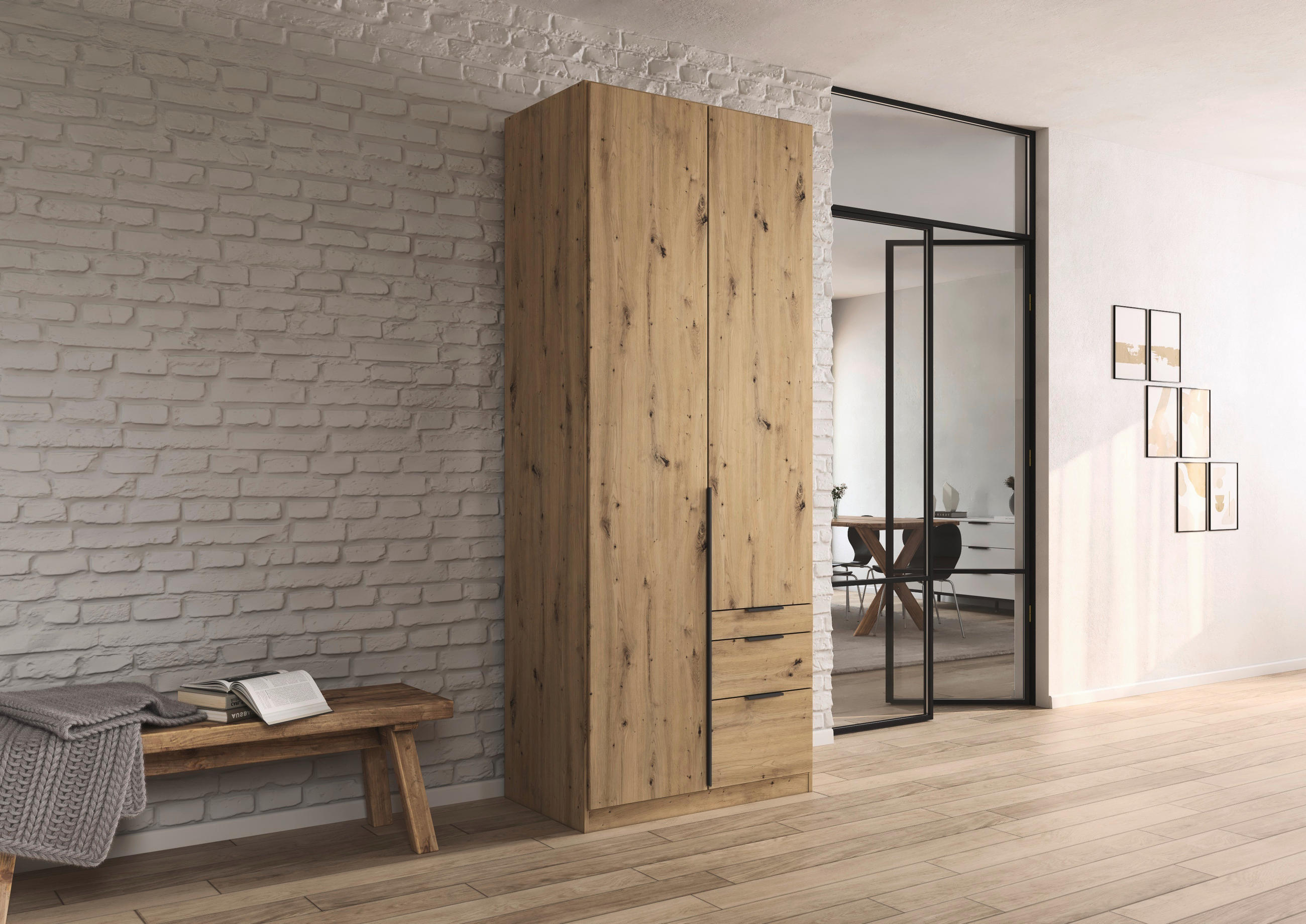 Thumbnail - Rauch Möbel Drehtürenschrank Rauch Alabama, Eiche Artisan, Metall, 4 Fächer, 3 Schublade(n) Schubladen, 91x229x54 cm, Bl...