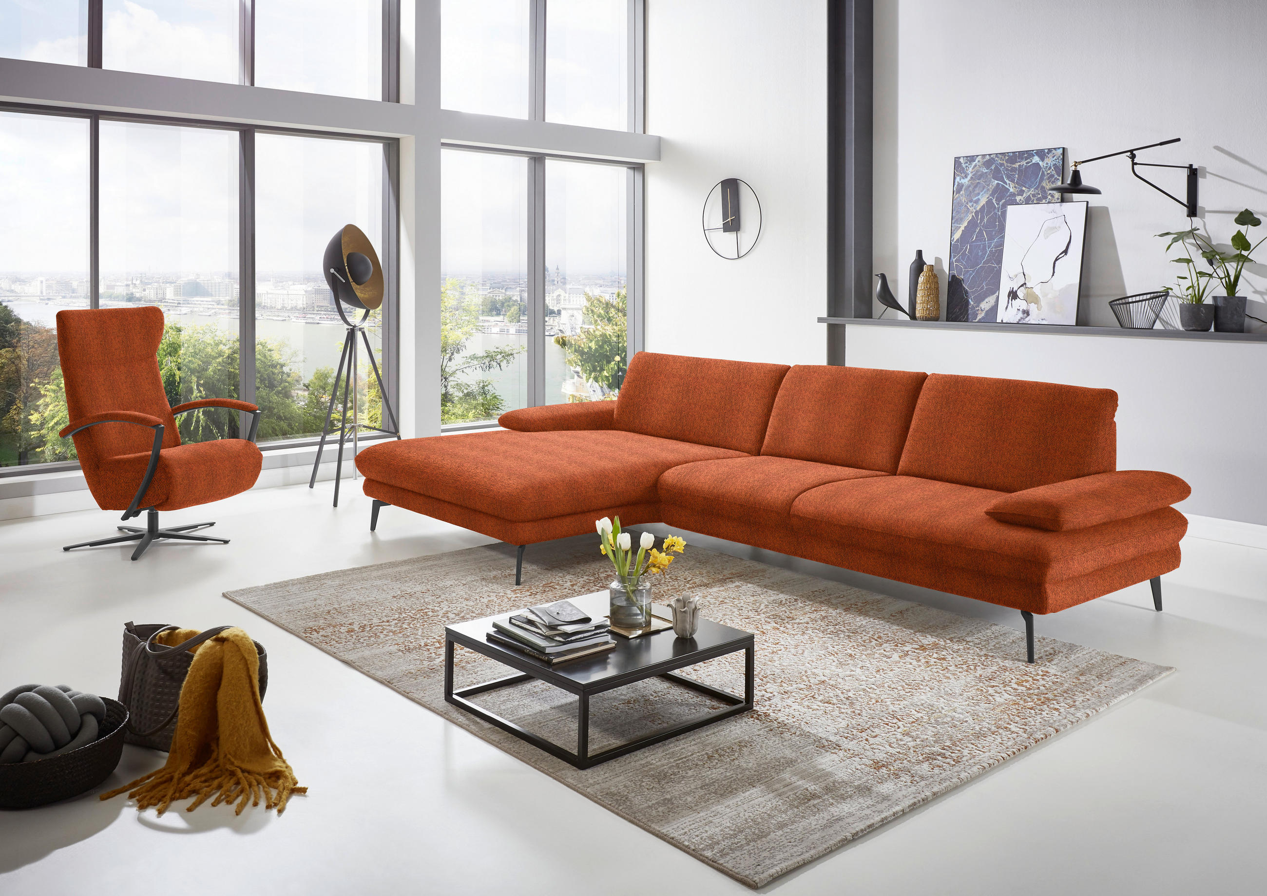 ECKSOFA in Chenille Terracotta  - Terracotta/Schwarz, Design, Textil/Metall (180/310cm) - Dieter Knoll
