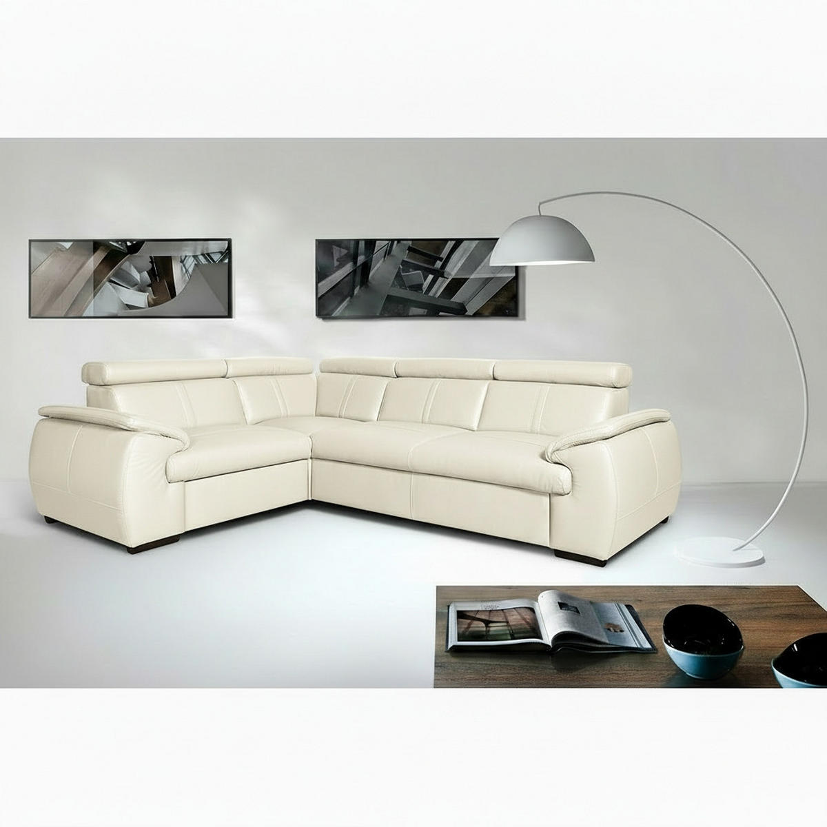 ECKSOFA  in Echtleder Weiß  193/265 cm  - Wengefarben/Weiß, Design, Leder/Holz (193/265cm) - Livetastic