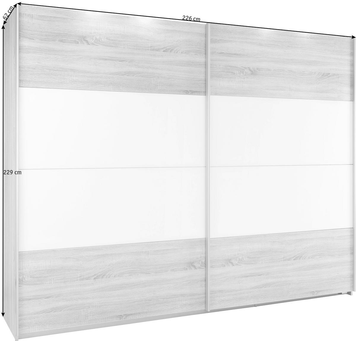 SCHWEBETÜRENSCHRANK in Weiss, Sonoma Eiche  - Weiss/Alufarben, Konventionell, Glas/Holzwerkstoff (226/229/62cm) - Xora