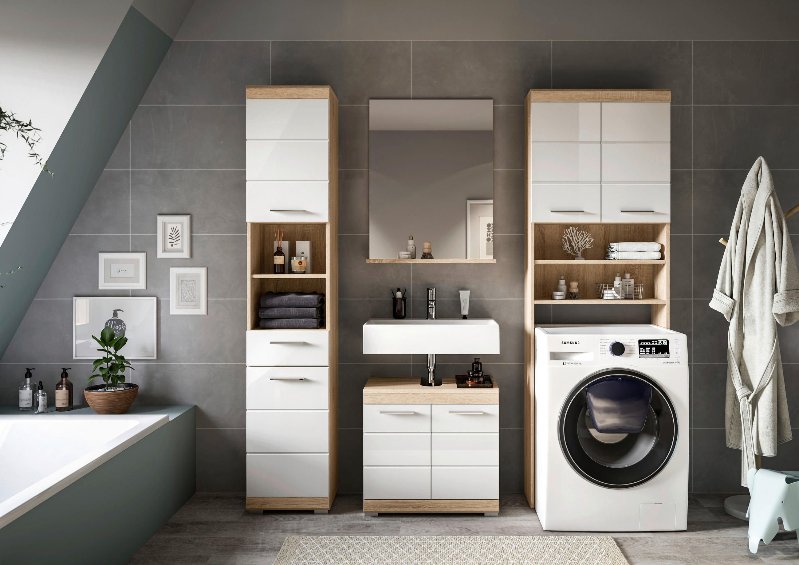 BADEZIMMER 4-teilig  in 160 cm  - Weiß Hochglanz/Silberfarben, MODERN, Glas/Holzwerkstoff (160cm) - MID.YOU