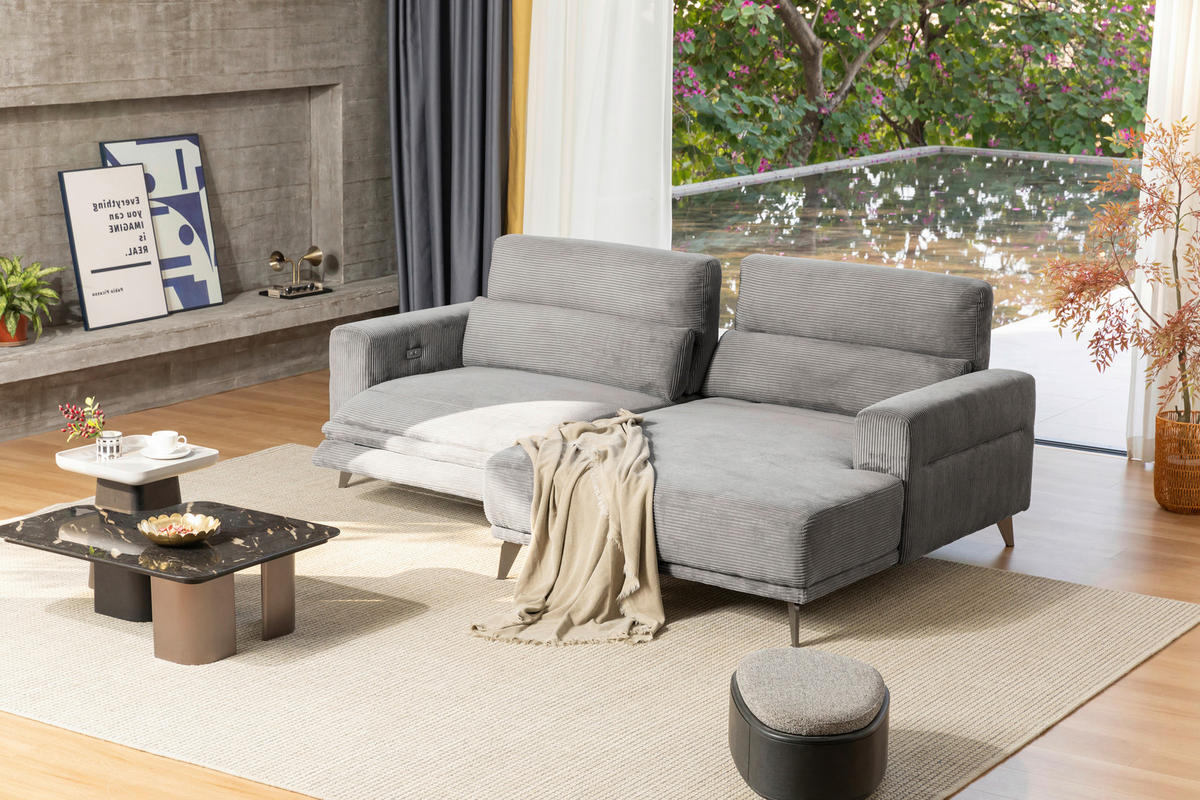 ECKSOFA Hellgrau Cord  - Silberfarben/Hellgrau, KONVENTIONELL, Textil/Metall (258/170cm) - Livetastic