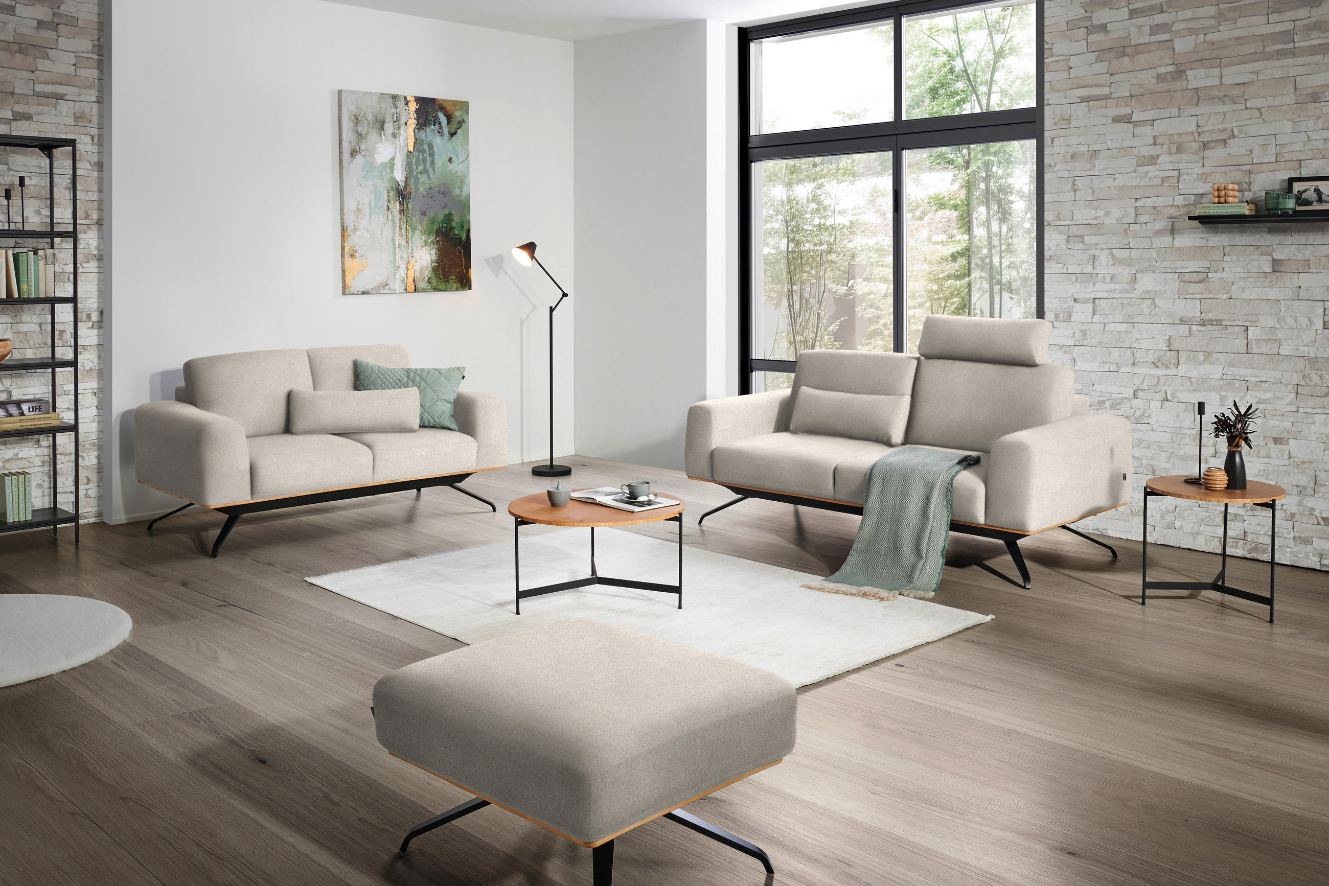 3-SITZER-SOFA in Struktur Creme  - Creme/Schwarz, Design, Holz/Textil (196/85-104/95cm) - Novel