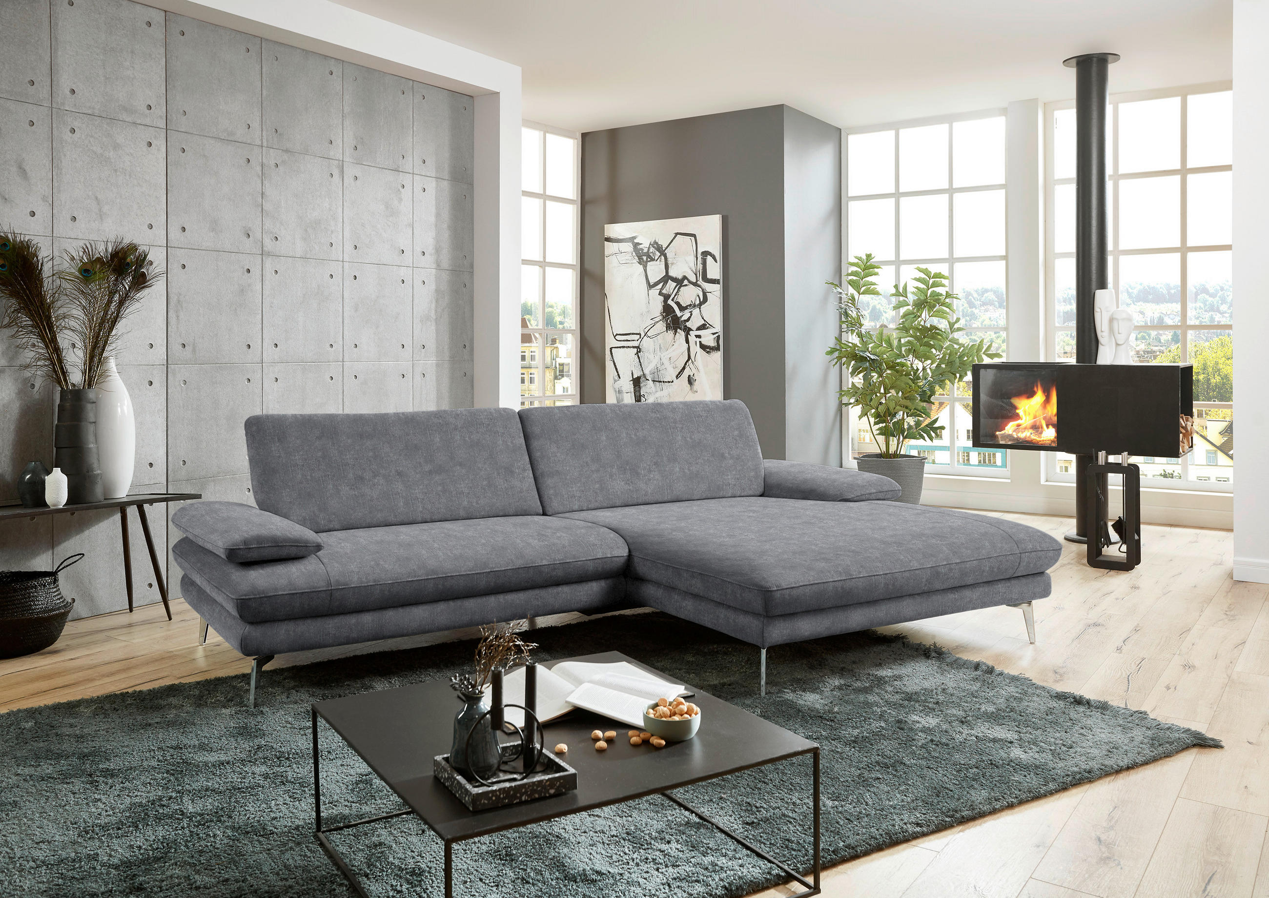 ECKSOFA in Velours Silberfarben  - Silberfarben/Schwarz, Design, Textil/Metall (284/184cm) - Dieter Knoll