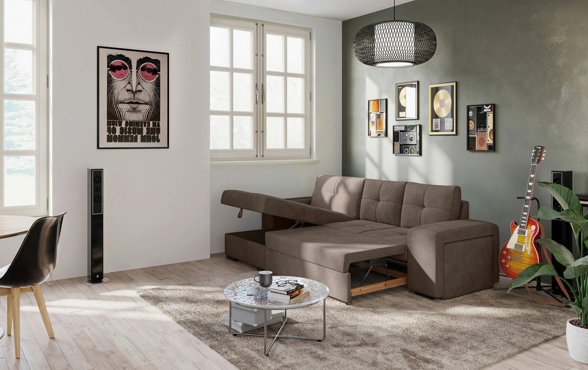 ECKSCHLAFSOFA Taupe Mikrofaser  - Taupe/Schwarz, MODERN, Kunststoff/Textil (156/268cm) - MID.YOU