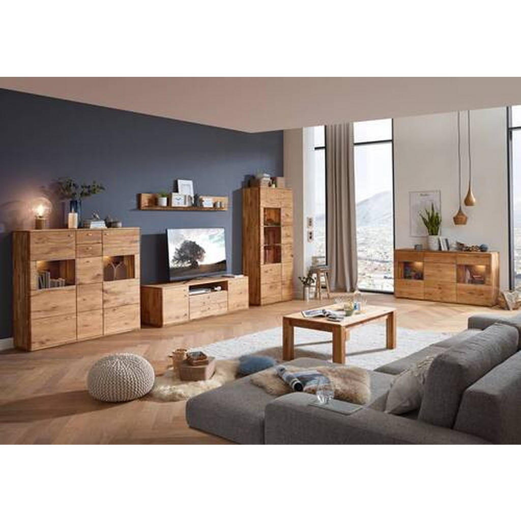 Thumbnail - Linea Natura Sideboard Denver, Eiche, Metall, Eiche, massiv, 4 Fächer, 3 Schubladen, 175x90x45 cm, Typenauswahl, Beimöbe...