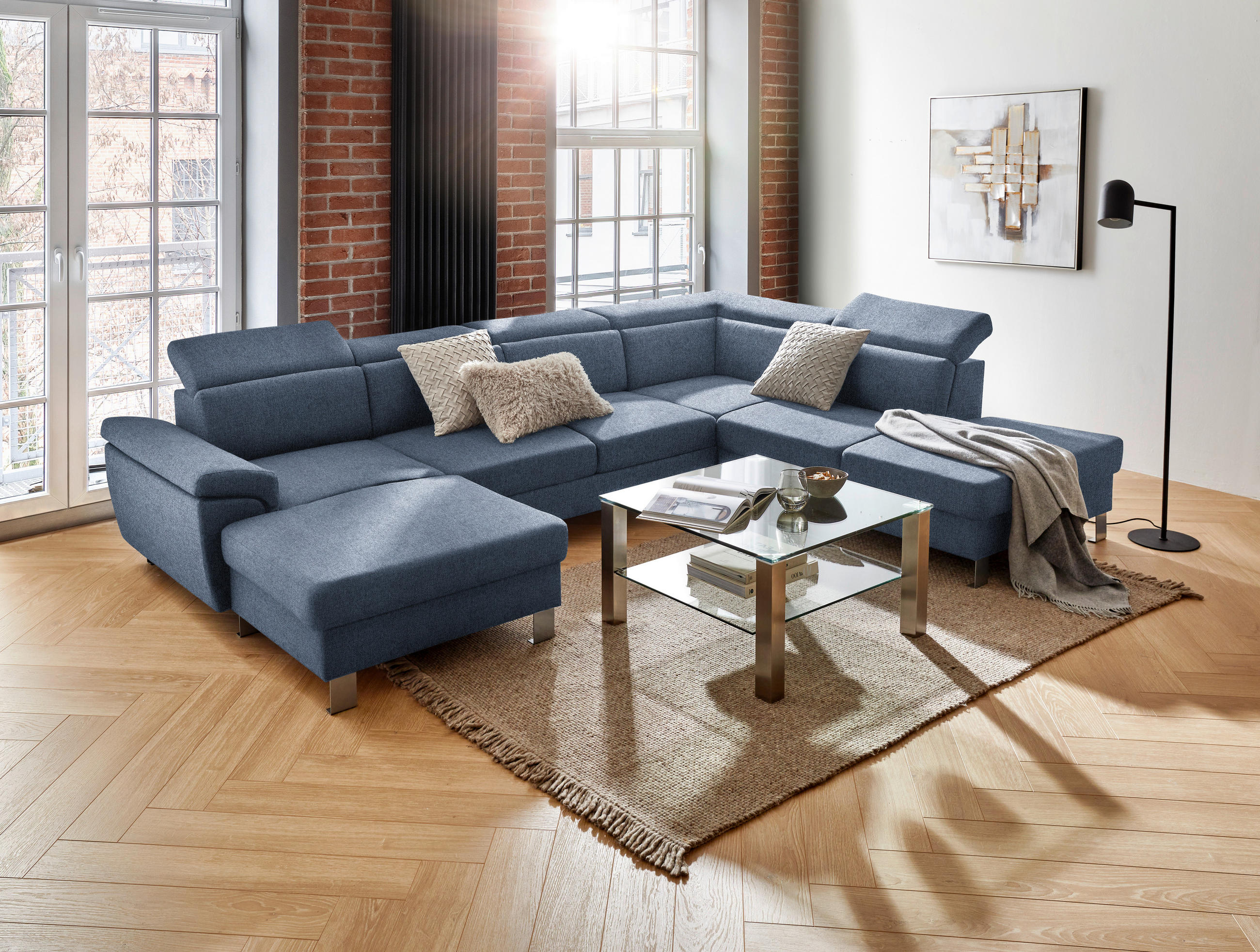 WOHNLANDSCHAFT inkl.Funktionen Blau Webstoff  - Blau/Silberfarben, Design, Textil/Metall (168/320/226cm) - Xora