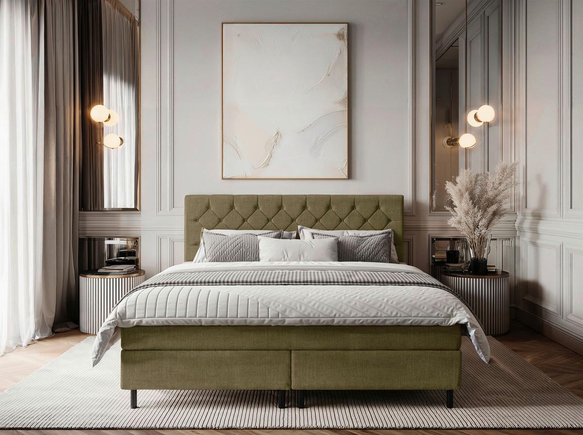 BOXSPRINGBETT 140/200 cm,  in Olivgrün, Matratze, Topper, H2 = mittel  - Schwarz/Olivgrün, KONVENTIONELL, Textil/Metall (140/200cm) - Chameo