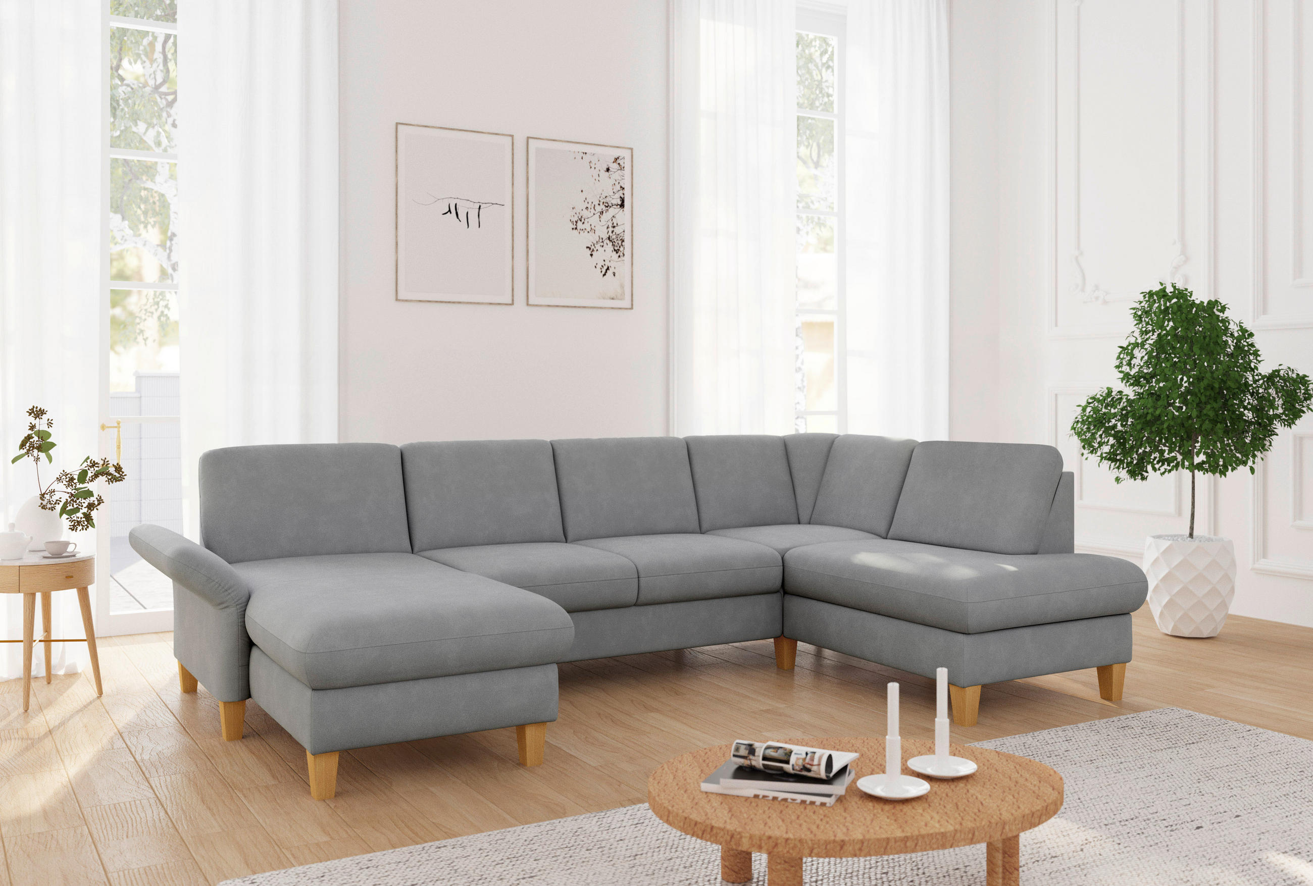 WOHNLANDSCHAFT Grau Flachgewebe  - Eichefarben/Grau, KONVENTIONELL, Holz/Textil (164/314/195cm) - Sit & More