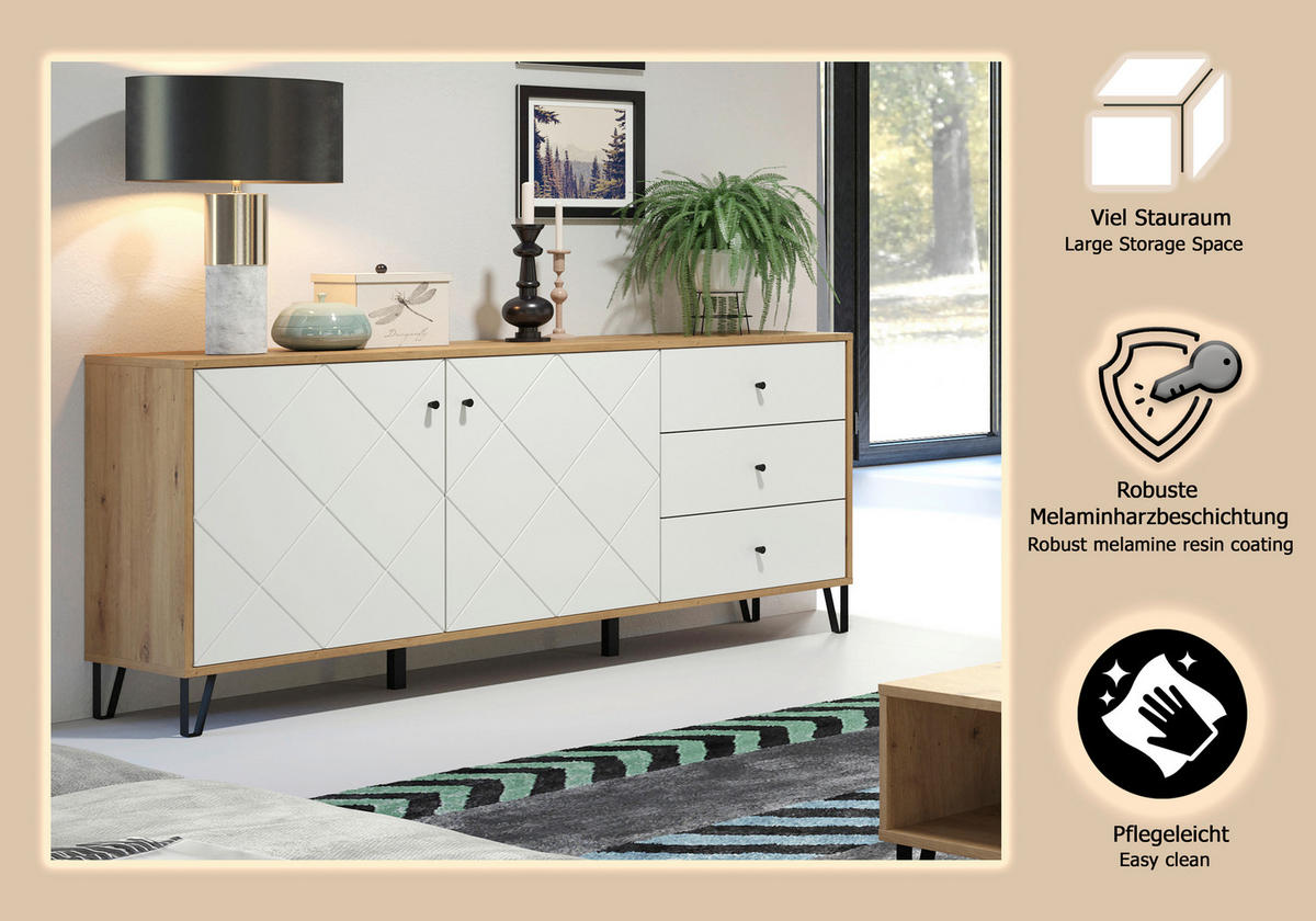 SIDEBOARD TOUCHWO 123/76/40 cm 3 Schublade(n)  - Schwarz/Eiche Artisan, Design, Holzwerkstoff/Kunststoff (123/76/40cm) - MID.YOU