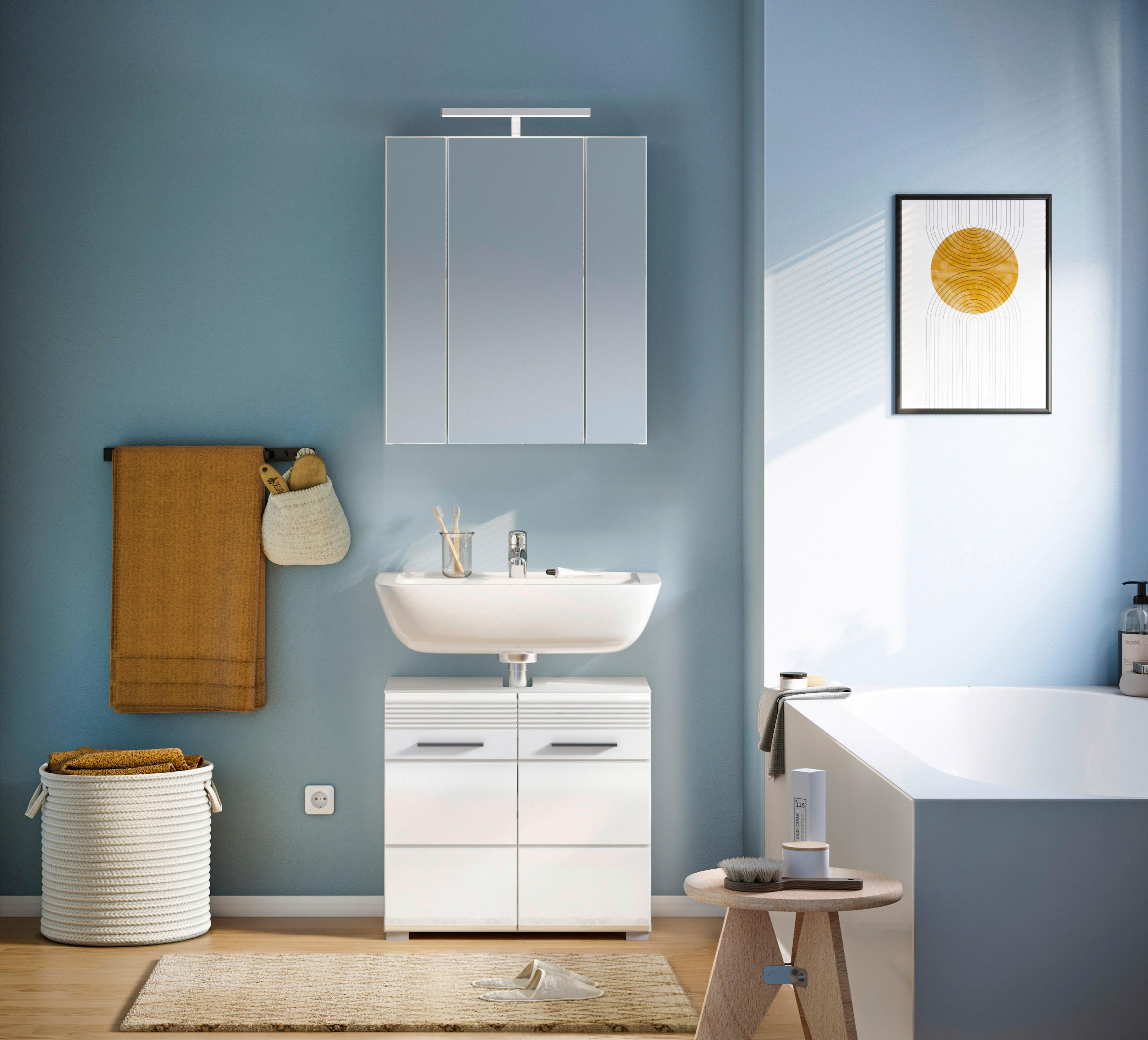 BADEZIMMER 2-teilig  in  - Weiß Hochglanz/Silberfarben, MODERN, Glas/Holzwerkstoff (60/182/34cm) - MID.YOU