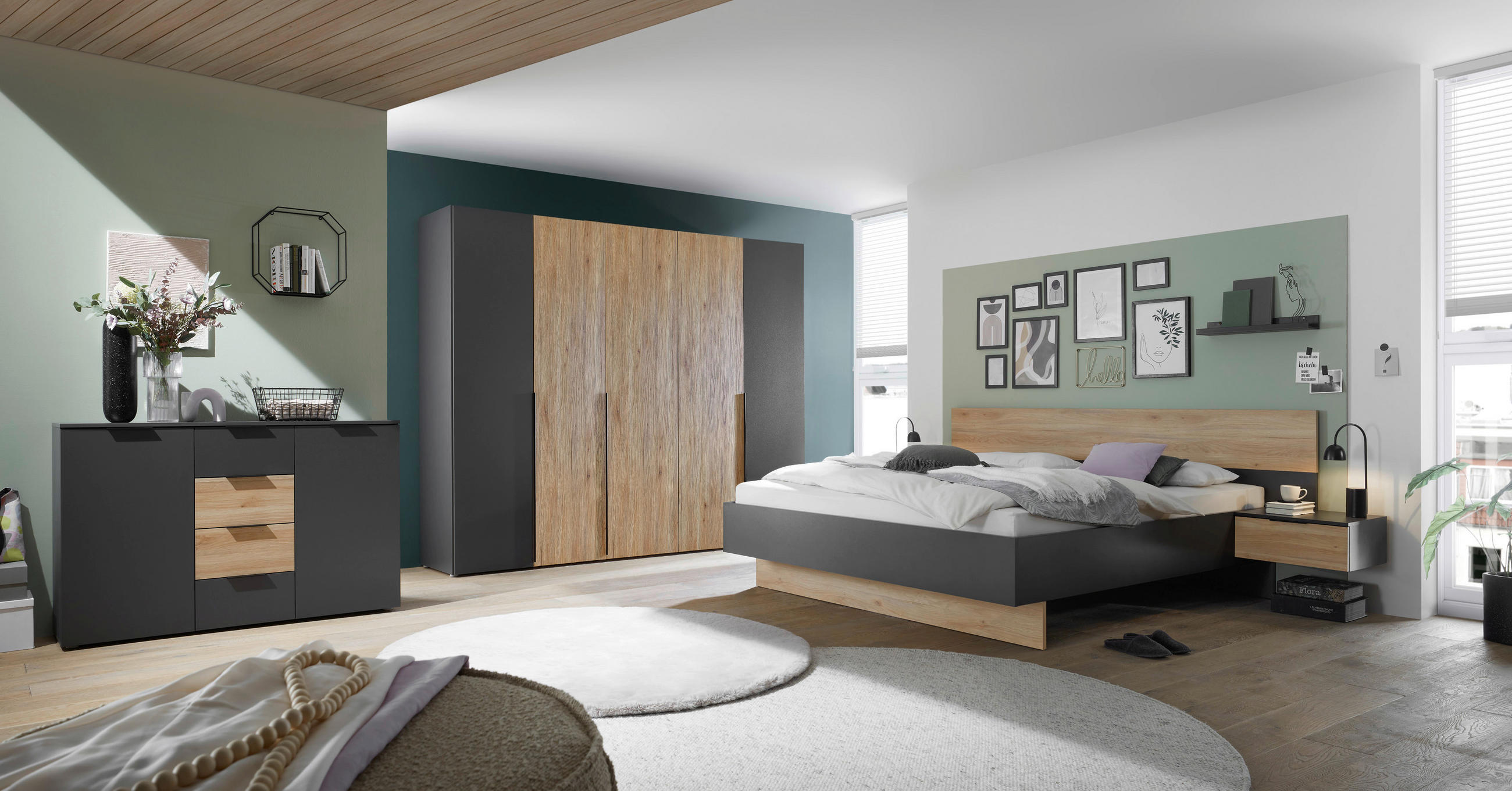 SCHLAFZIMMER Graphitfarben, Eichefarben  - Eichefarben/Graphitfarben, KONVENTIONELL, Holzwerkstoff (180/200cm) - Boxxx