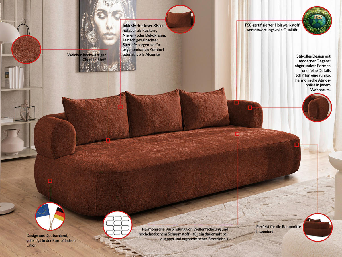 BIGSOFA Chenille Rostfarben  - Rostfarben/Schwarz, Design, Kunststoff/Textil (240/76/122cm) - Livetastic