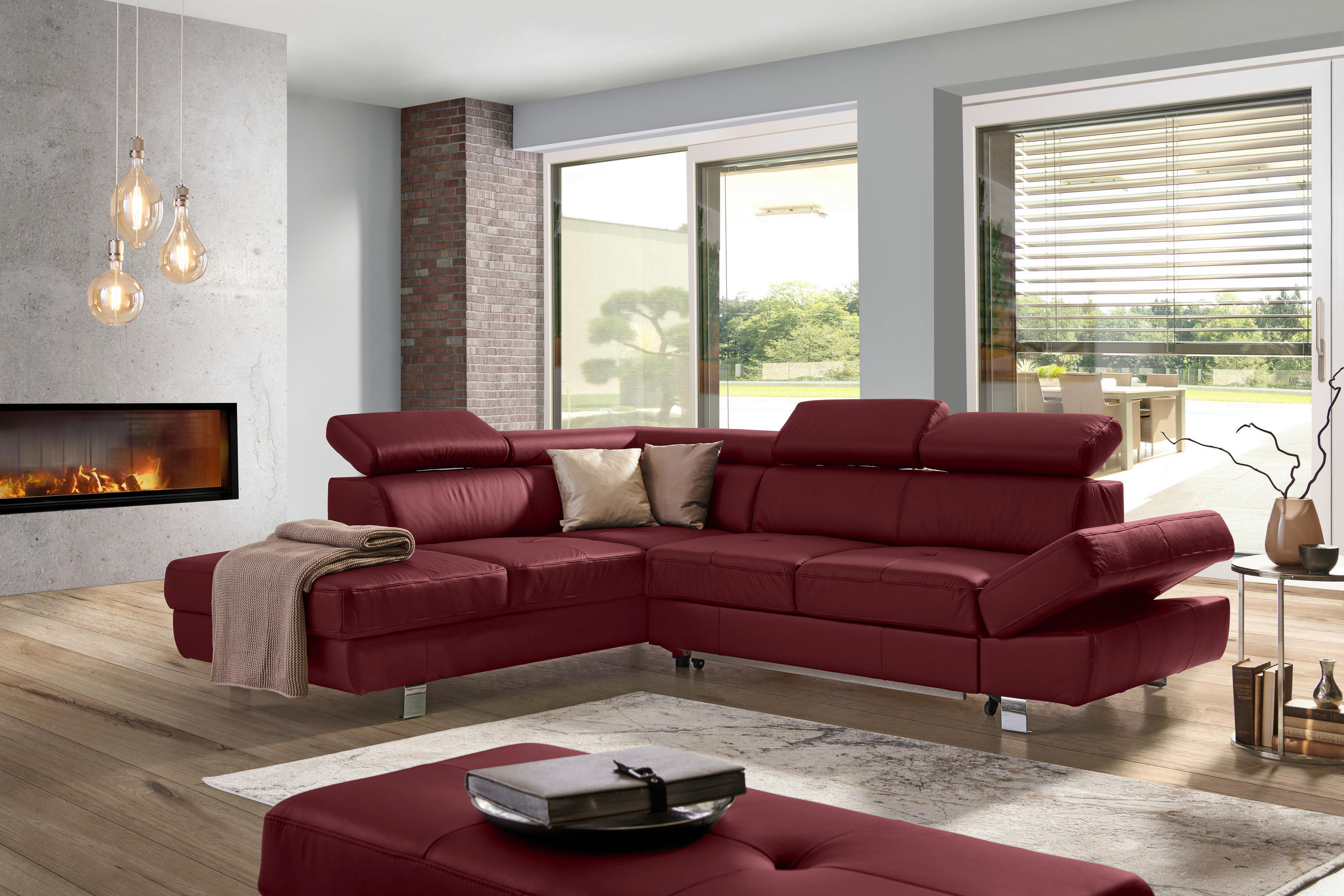 ECKSOFA Bordeaux Kombination Echtleder/Lederlook Lederlook  - Chromfarben/Bordeaux, Design, Leder/Textil (265/212cm) - Stylife