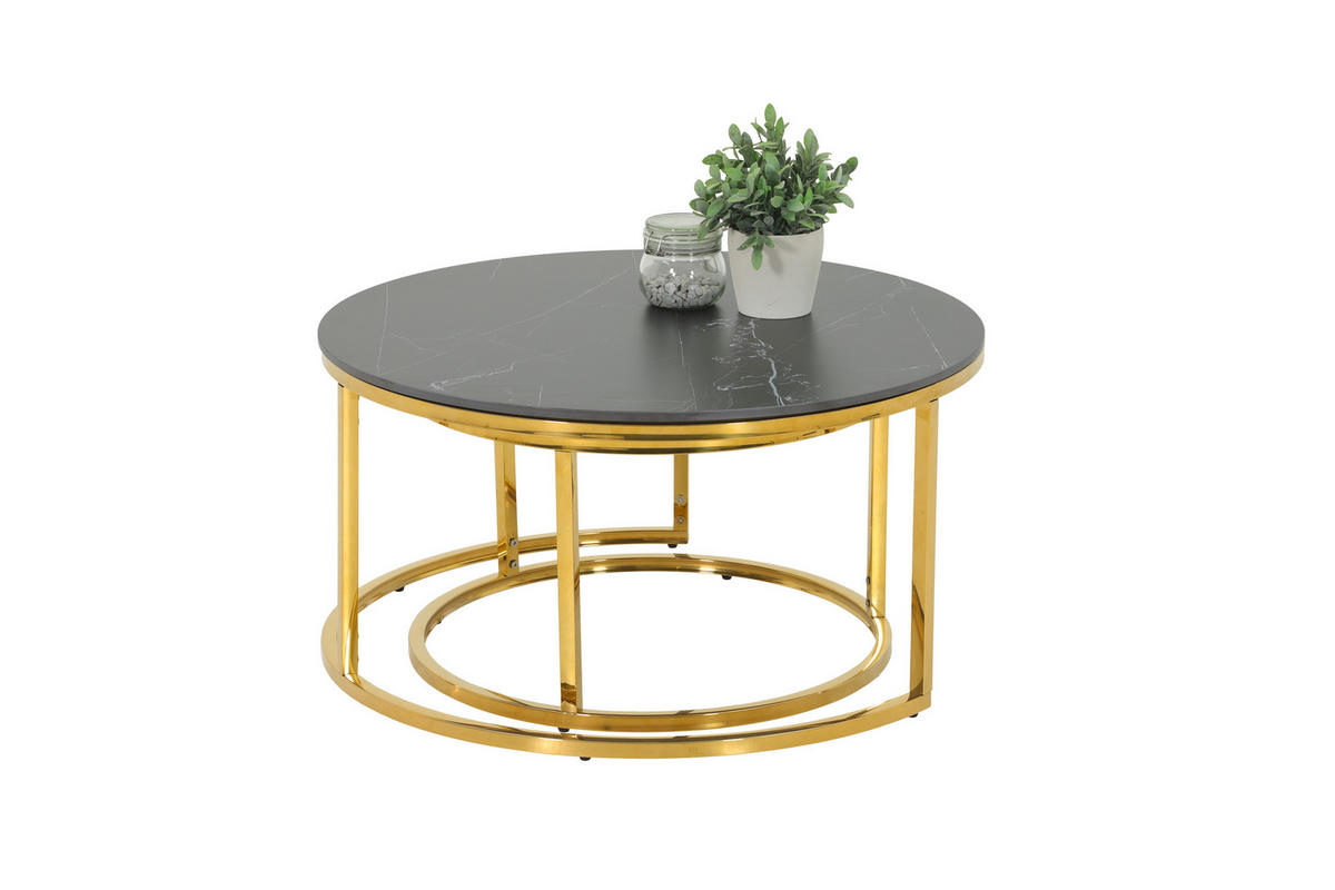 COUCHTISCHSET rund Schwarz  - Goldfarben/Schwarz, Design, Stein/Metall (80/60/41/37cm) - Livetastic
