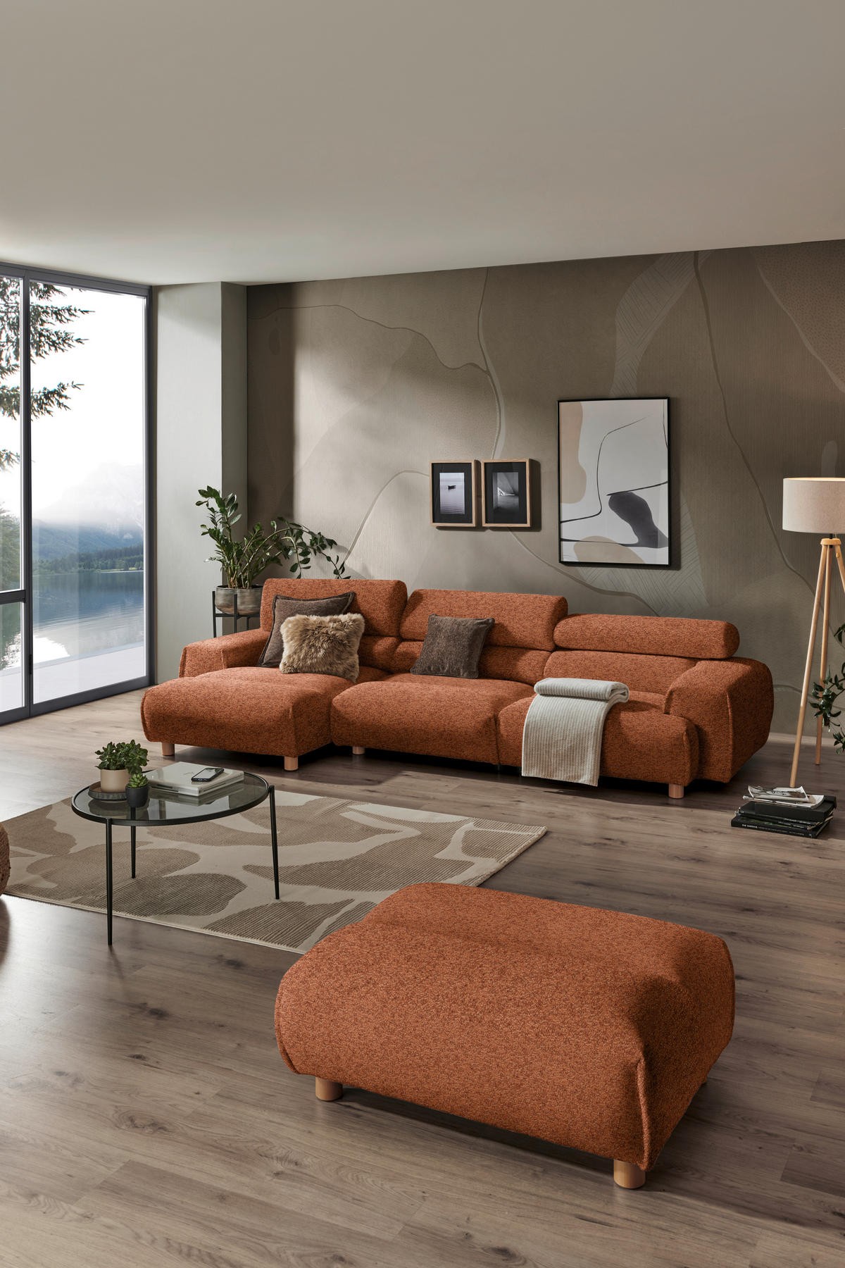 HÖRNSOFFA i velour terrakotta  - terrakotta, Natur, trä/textil (150/329cm) - Livetastic