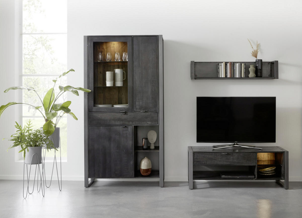 VITRINE in vollmassiv Mangoholz Schwarz  - Transparent/Anthrazit, Basics, Glas/Holz (104/200/40cm) - Livetastic