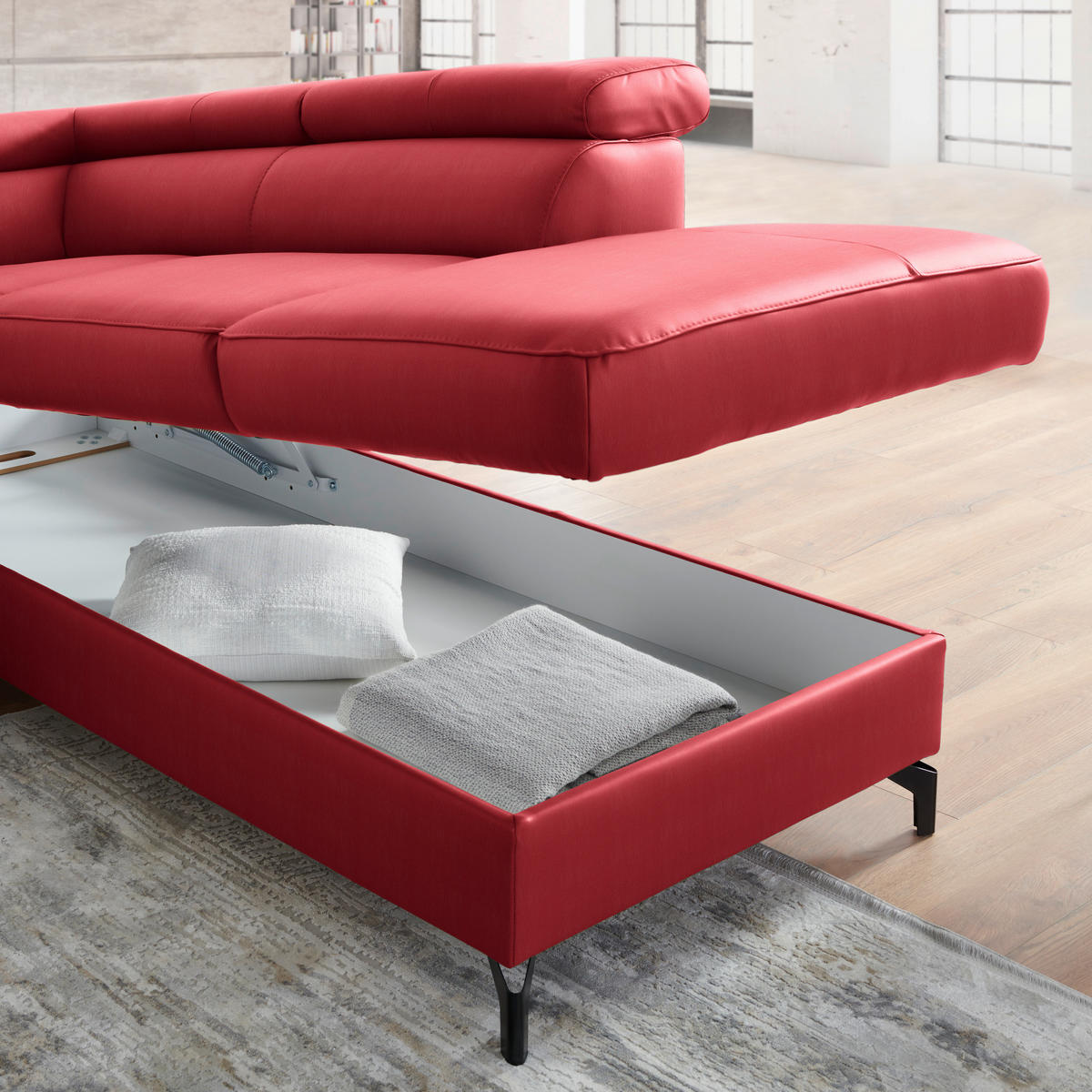 ECKSOFA in Echtleder Rot  - Rot/Schwarz, Design, Leder/Metall (256/220cm) - Celina Home