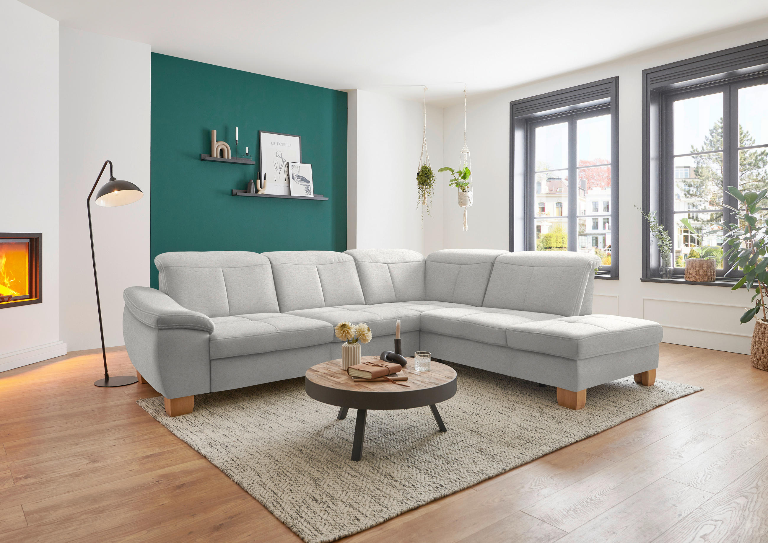 ECKSOFA in Flachgewebe Weiss  - Wildeiche/Weiss, Natur, Holz/Textil (301/243cm) - Voleo