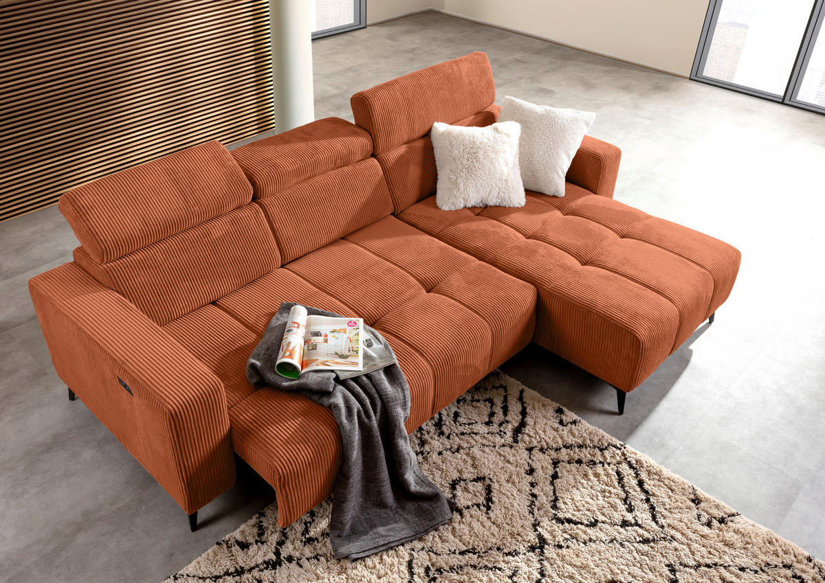 ECKSOFA Rostfarben Cord Rücken echt, Kopfteilverstellung, Sitzvorzug  - Rostfarben/Schwarz, KONVENTIONELL, Textil/Metall (257/170cm) - Carryhome