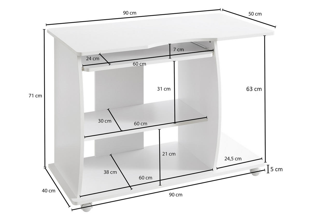 SZÁMÍTÓGÉPASZTAL  - fehér, Konventionell, műanyag/faalapú anyag (50/90/71cm) - MID.YOU
