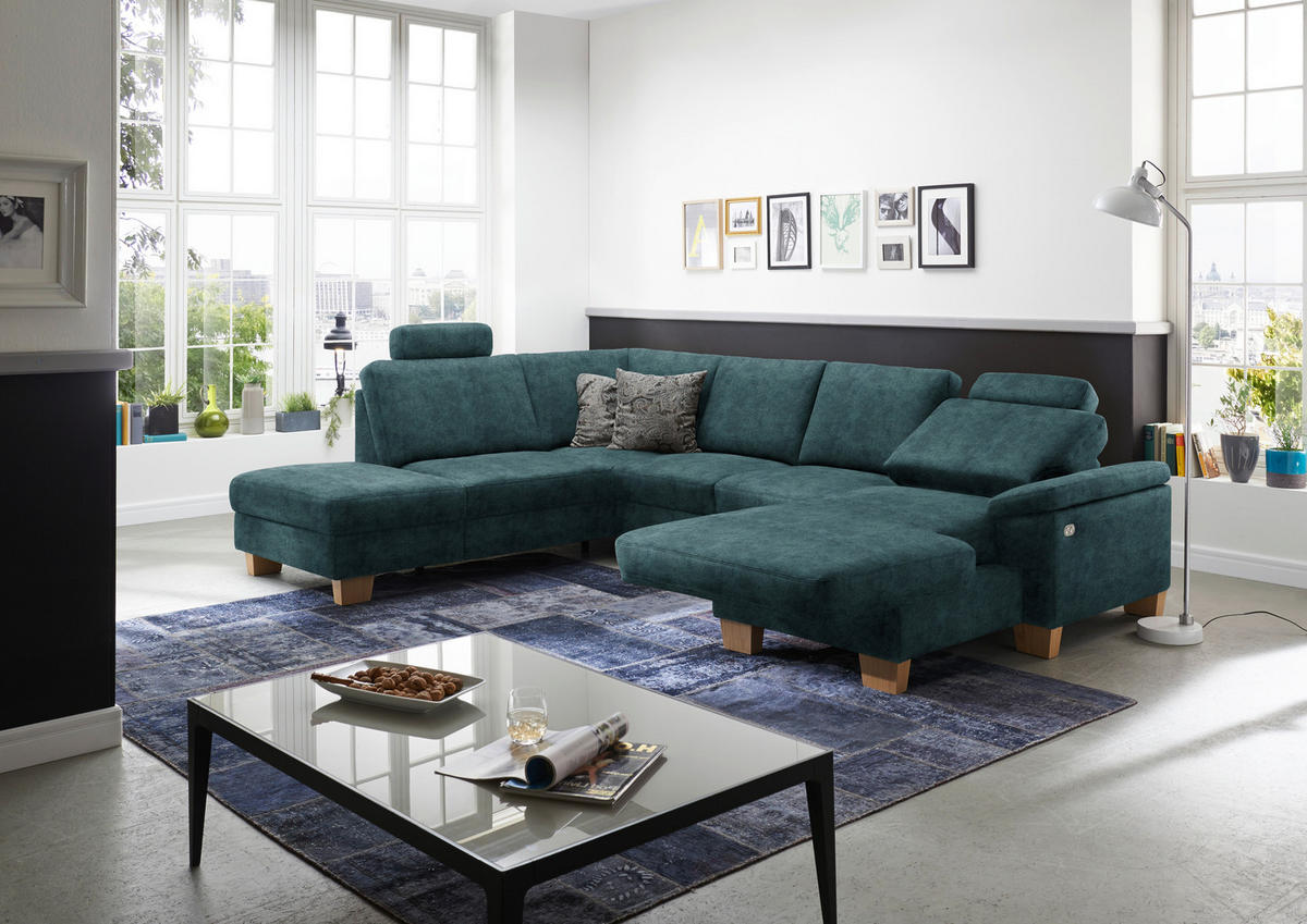 WOHNLANDSCHAFT in Velours Petrol  - Eichefarben/Petrol, Konventionell, Holz/Textil (167/316/235cm) - Beldomo System