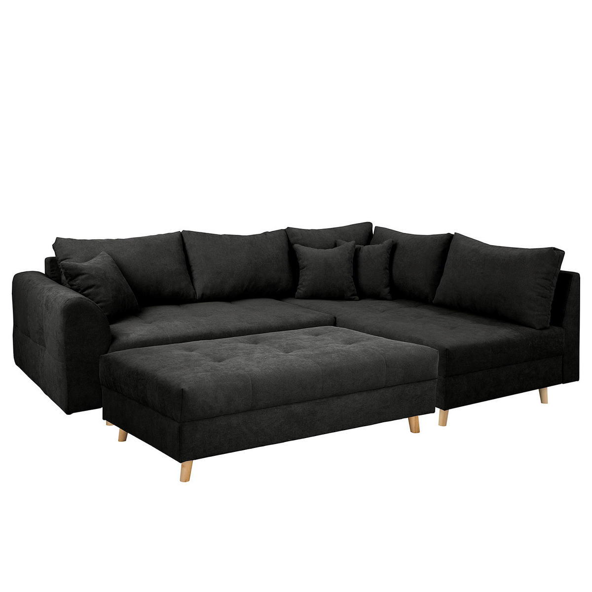 ECKSOFA inkl. Hocker Ariella in Mikrofaser Schwarz  161/231 cm  - Schwarz/Naturfarben, Design, Holz/Textil (161/231cm) - Livetastic