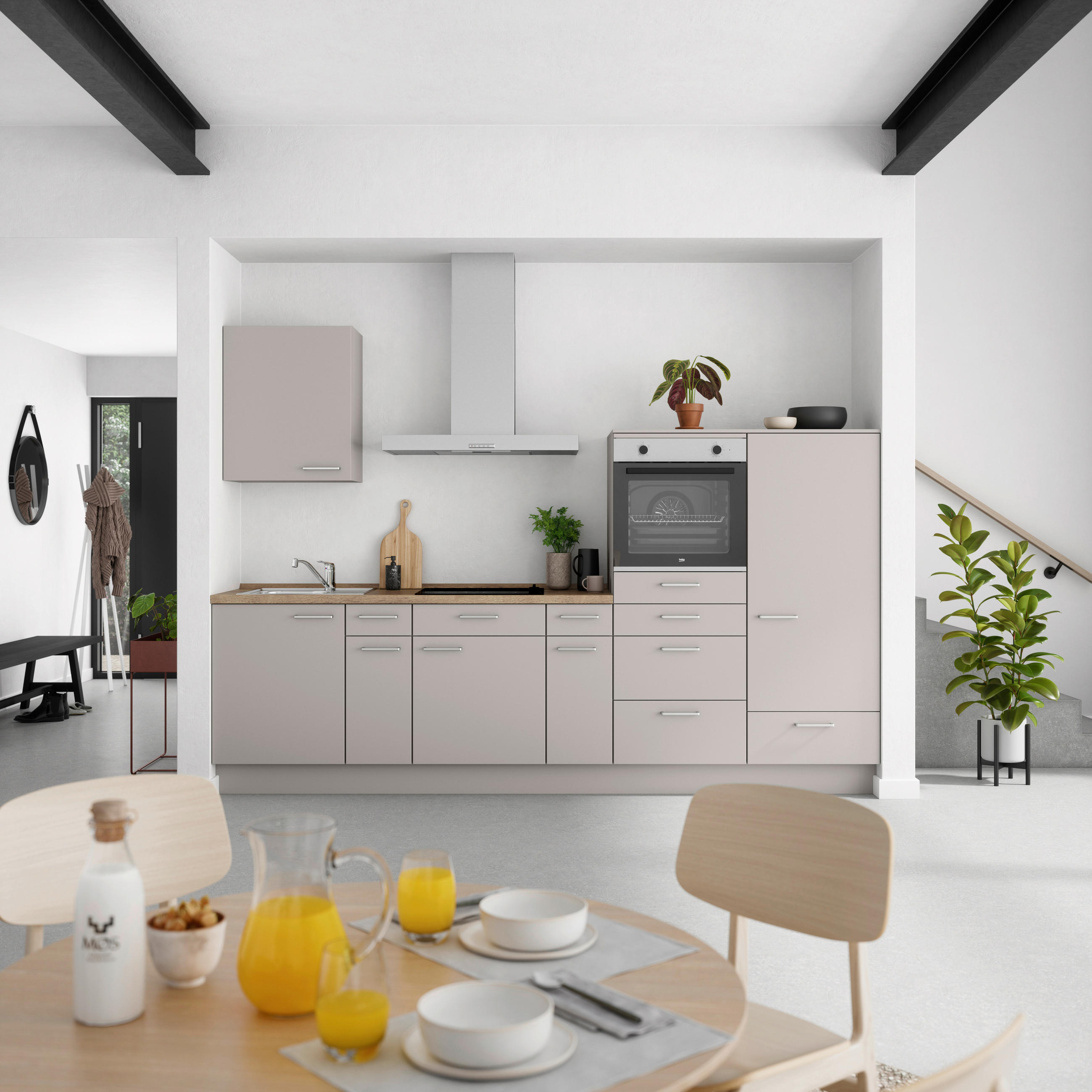 KÜCHENBLOCK 300 cm   in Grau, Eiche dunkel  - Eiche dunkel/Edelstahlfarben, MODERN, Holzwerkstoff/Metall (300cm) - Nobilia