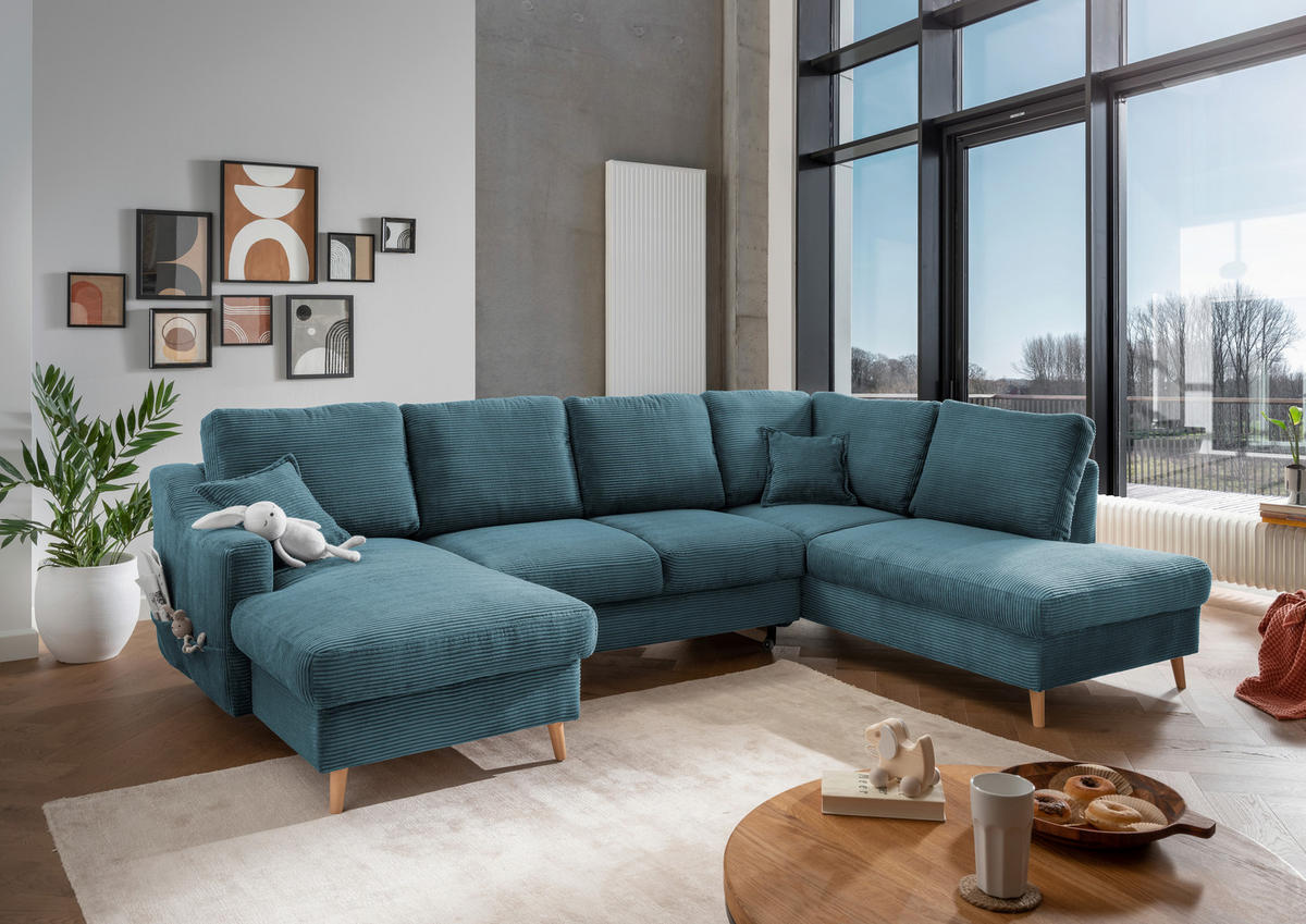 WOHNLANDSCHAFT in Cord Petrol  - Petrol/Naturfarben, KONVENTIONELL, Holz/Textil (150/301/200cm) - P & B