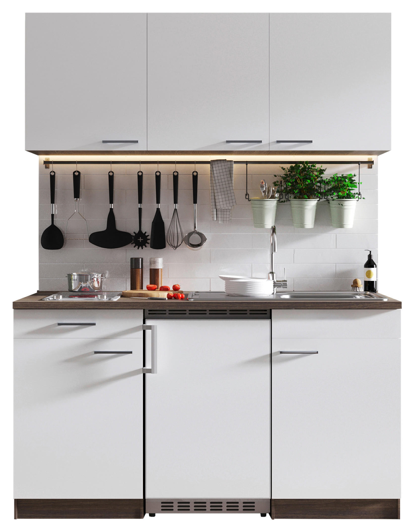 MINIKÜCHE 150 cm   in Weiß  - Eichefarben/Alufarben, Basics, Holzwerkstoff/Kunststoff (150cm) - Respekta