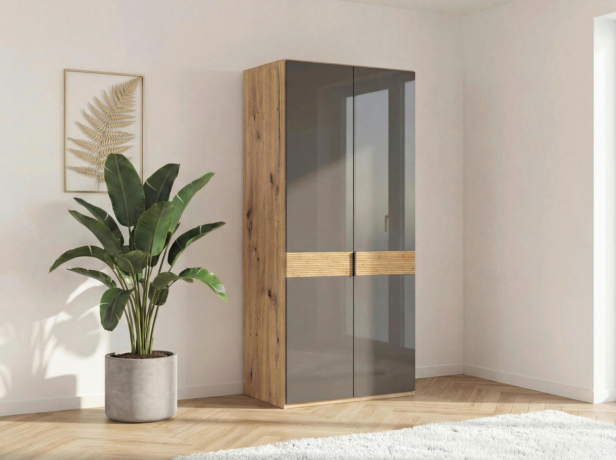 DREHTÜRENSCHRANK 100/216/58 cm,  in Eiche Bianco, 2 Tür(en)  - Schieferfarben/Eiche Bianco, Design, Glas/Holz (100/216/58cm) - Musterring