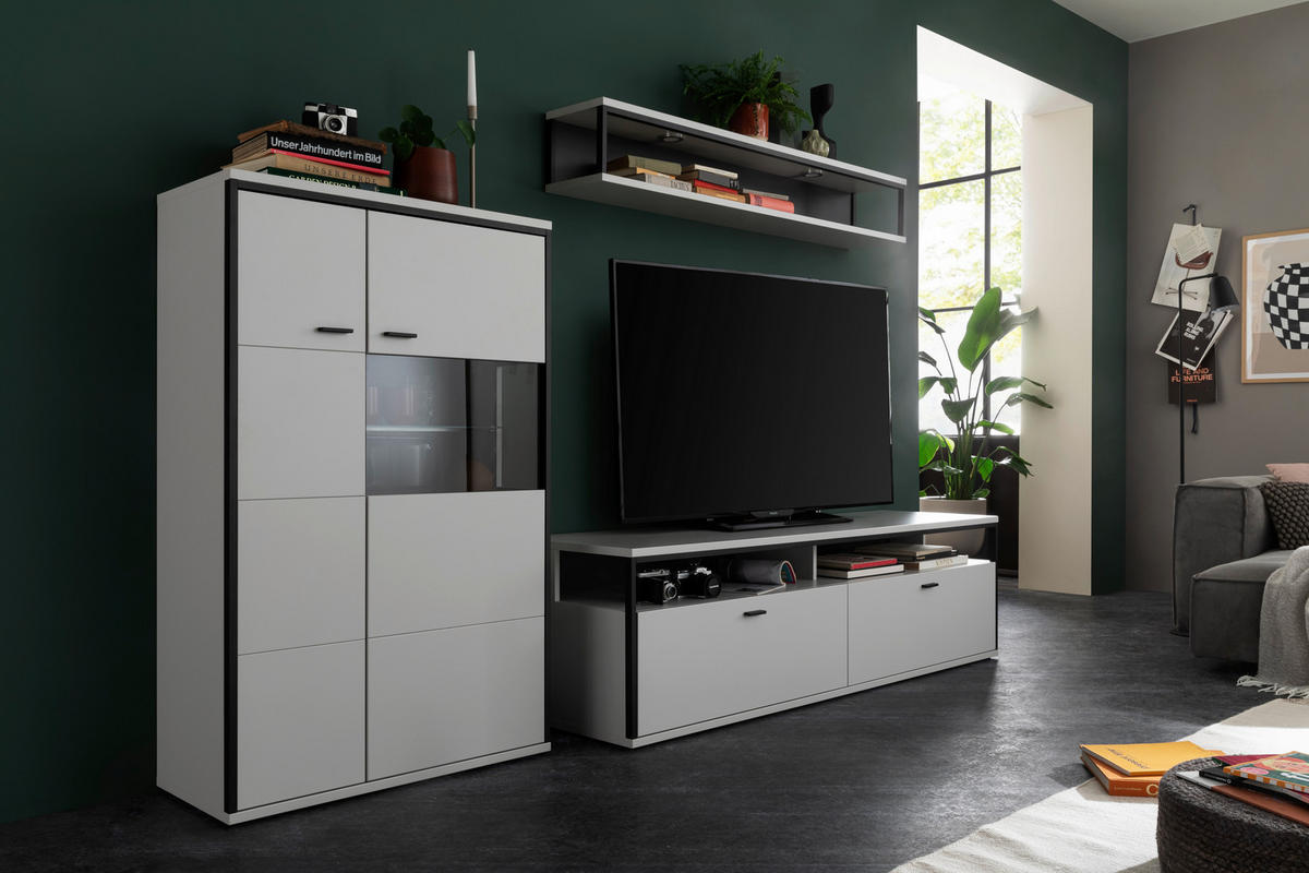 WOHNWAND  in Schwarz, Weiss 278/199/51 cm  - Weiss/Schwarz, Design, Glas/Holzwerkstoff (278/199/51cm) - Stylife