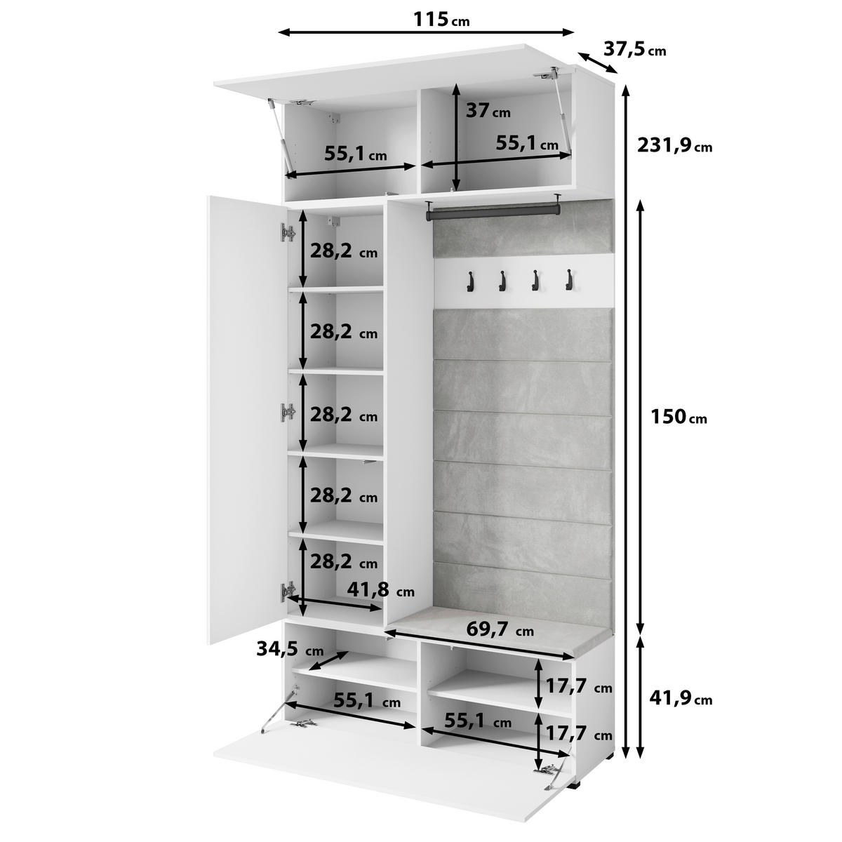 GARDEROBE  in 115/231,9/37,5 cm  - Weiss Hochglanz/Weiss, Trend, Holzwerkstoff (115/231,9/37,5cm) - Livetastic