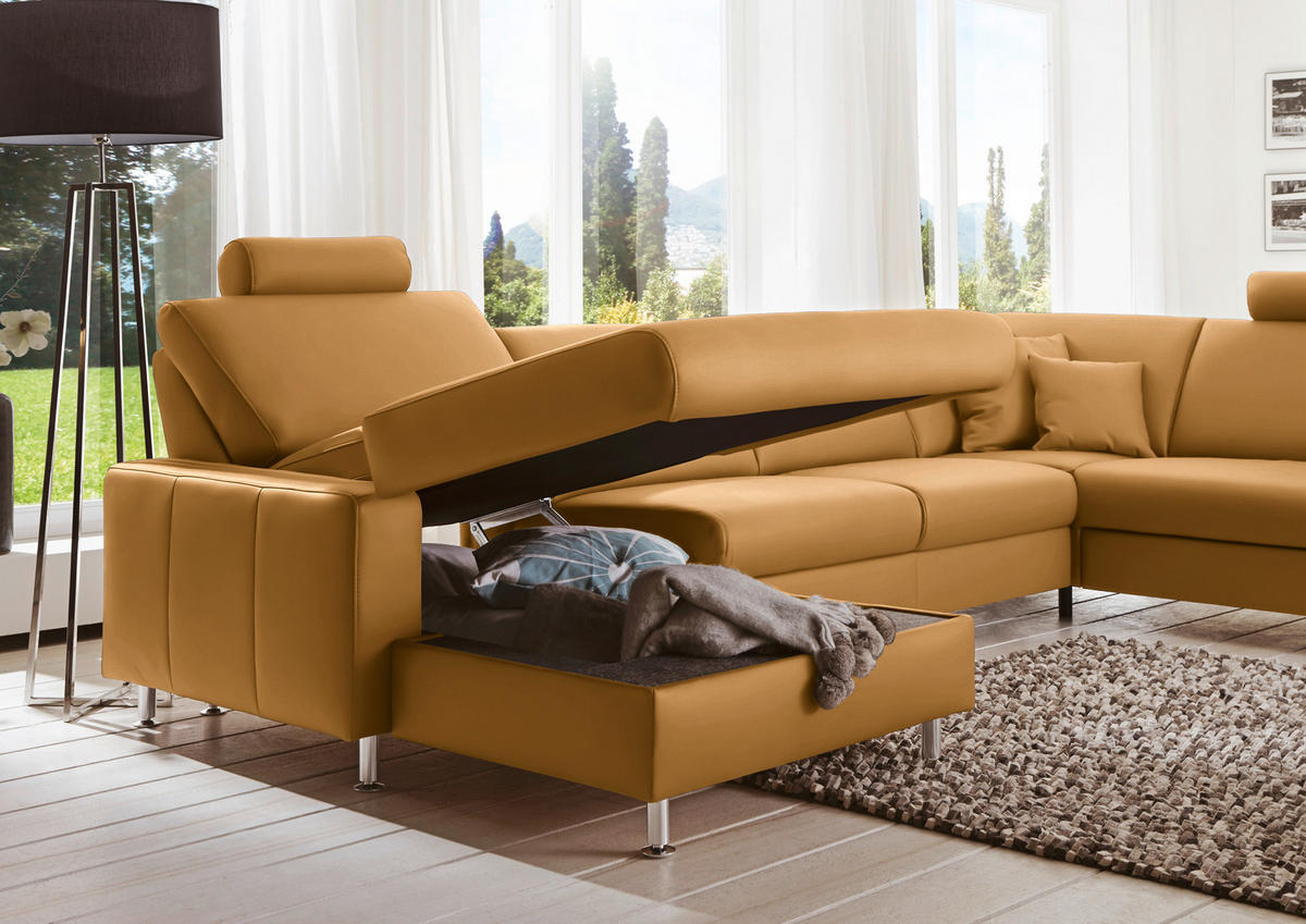 WOHNLANDSCHAFT in Echtleder Gelb  - Gelb/Alufarben, Design, Leder/Metall (165/339/233cm) - Beldomo Premium
