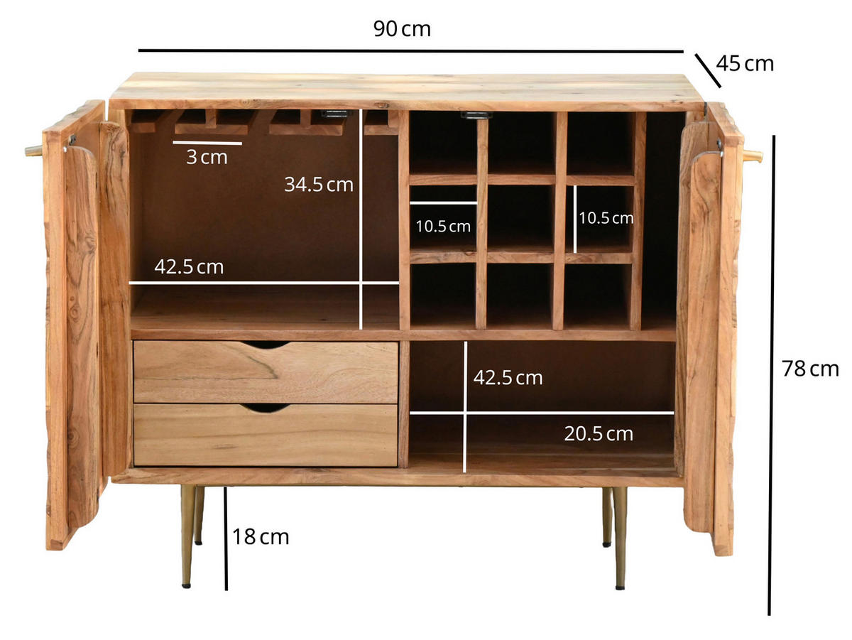 BAR Akaziefarben  - Goldfarben/Akaziefarben, Design, Holz/Metall (90/45/78cm) - Livetastic