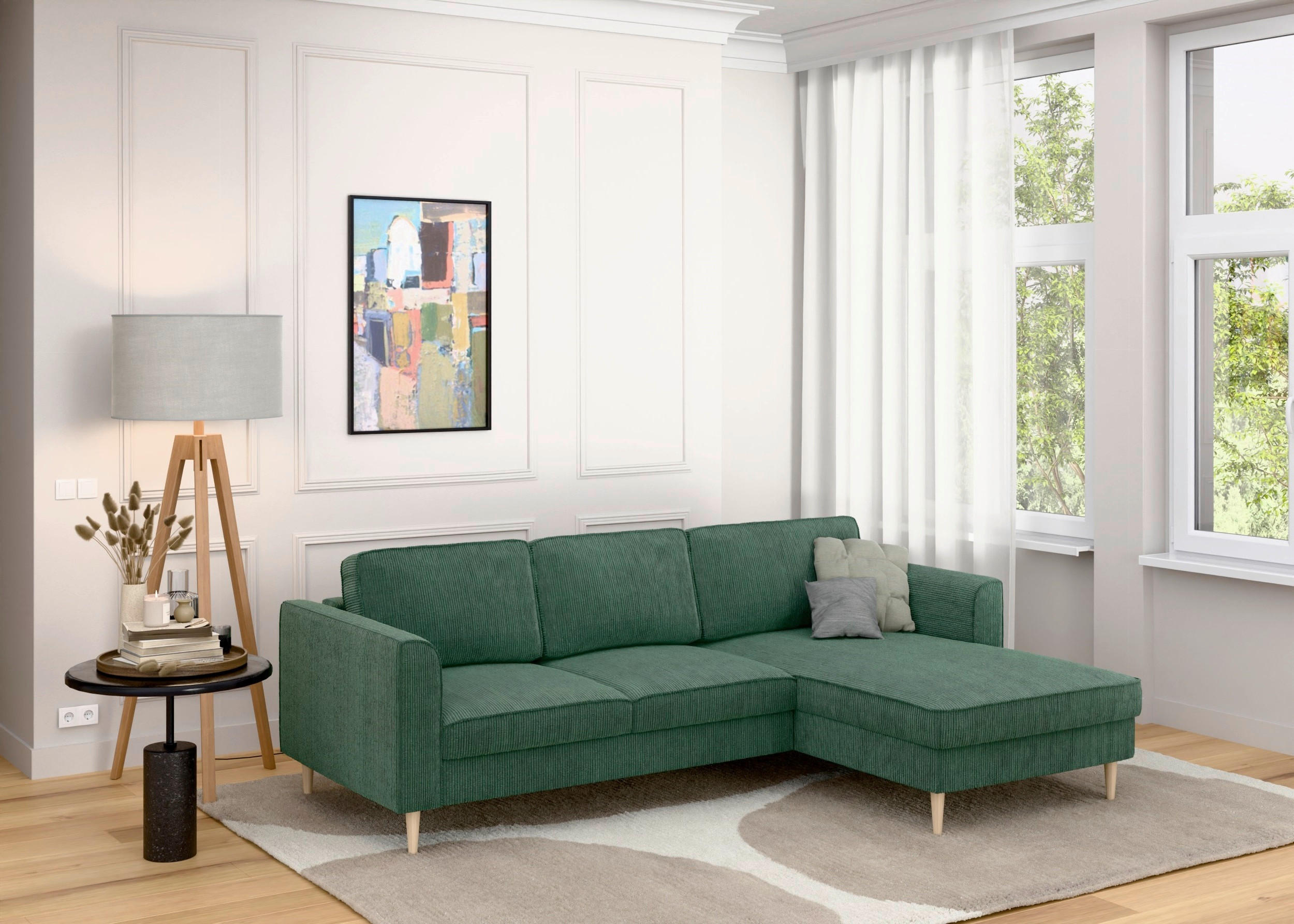 ECKSOFA  in Cord Dunkelgrün  232/161 cm  - Dunkelgrün/Buchefarben, MODERN, Holz/Textil (232/161cm) - Trendmanufaktur