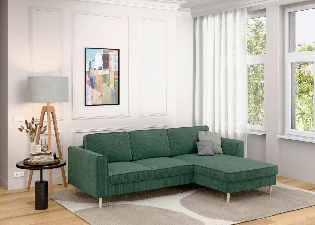 ECKSOFA  in Cord Dunkelgrün  232/161 cm  - Dunkelgrün/Buchefarben, MODERN, Holz/Textil (232/161cm) - Trendmanufaktur